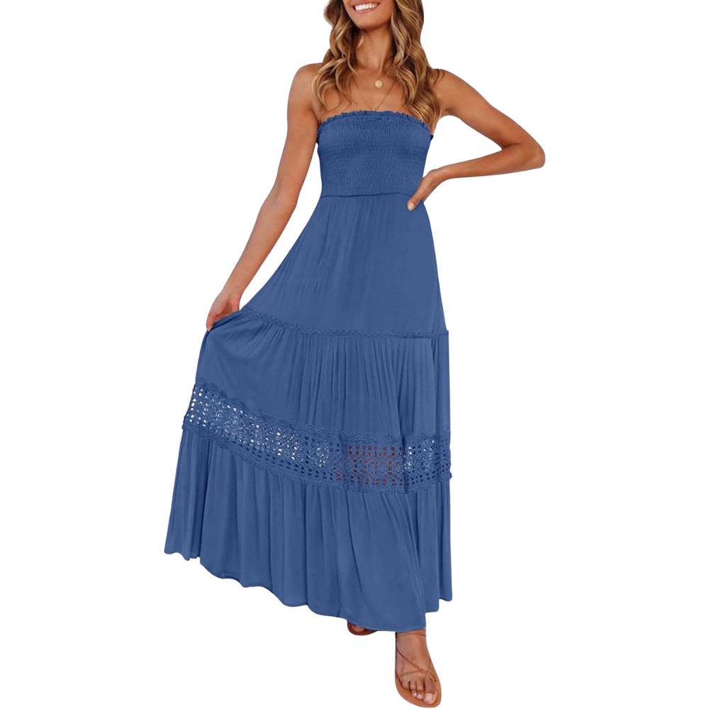 Summer Boho Off Strapless Flowy Lace Line Maxi Dresses For Women
