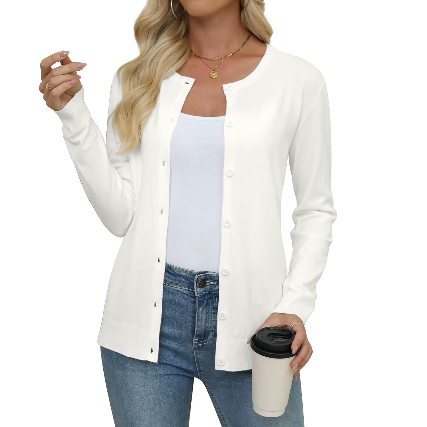 Casual Long Knit Crew Sleeve Front Cardigan With Button For Women