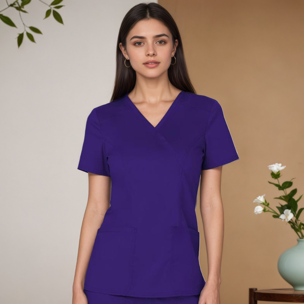 Women Scrubs Mock Wrap Top With 3 Pockets