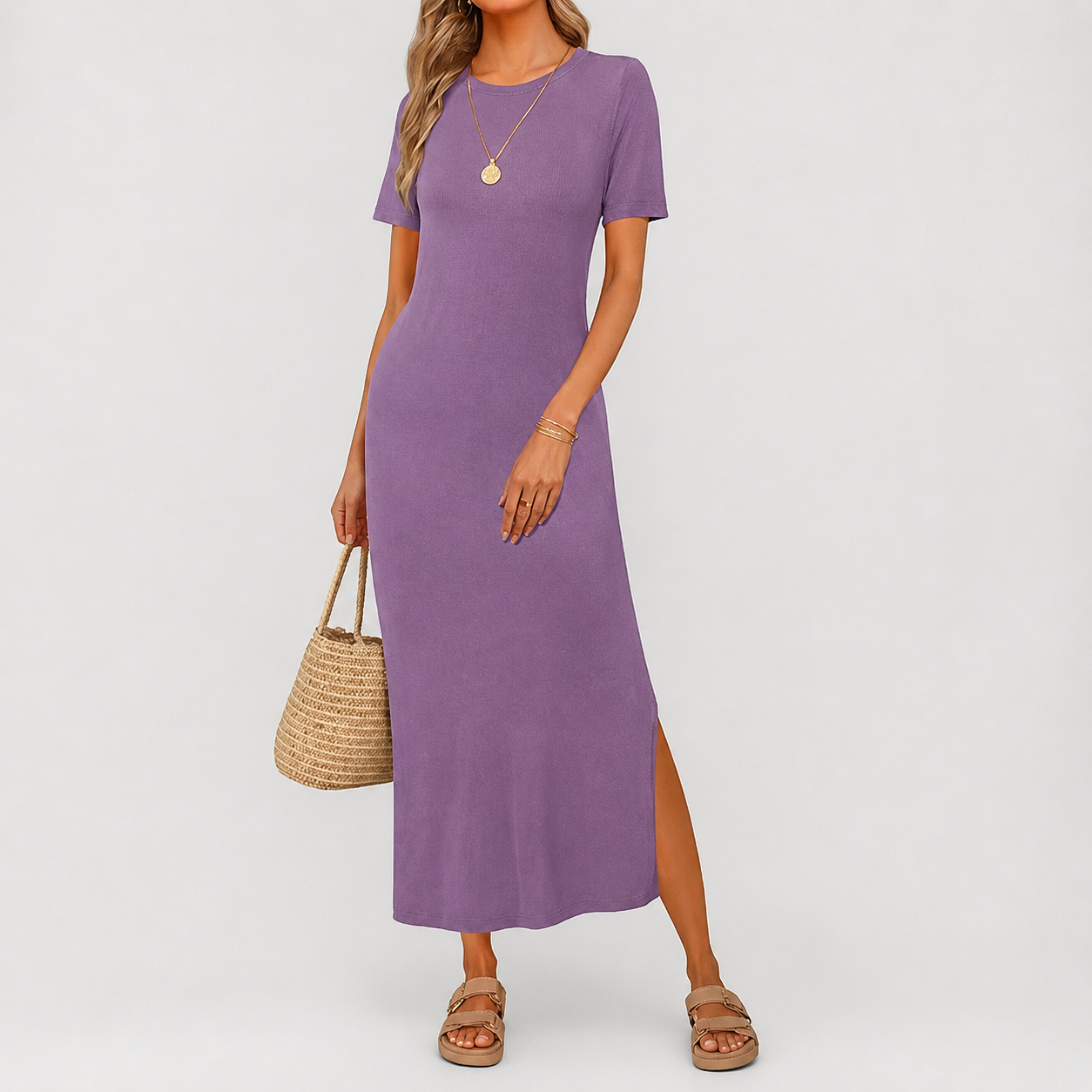 Soft Knit Lightweight Short Sleeve Casual Maxi Dress For Women 