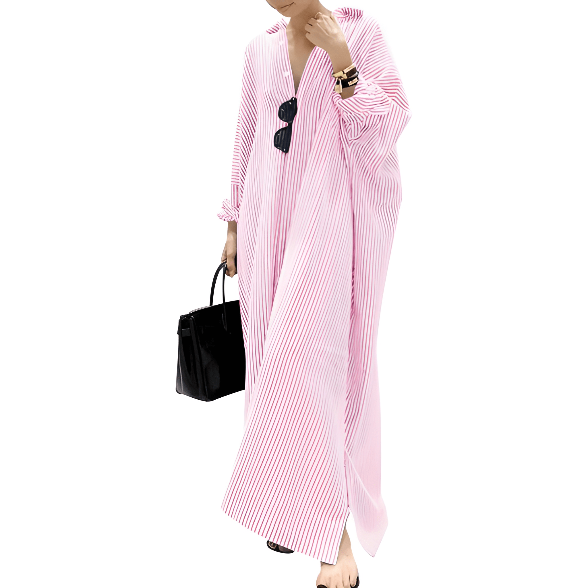 Striped Loose Cotton Maxi Shirt Dress for Women