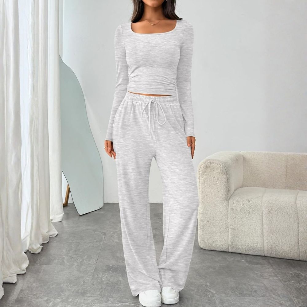 2 Piece Scoop Neck Lounge Set Womens Wide Leg Pants Side Ruching Slightly Crop Top