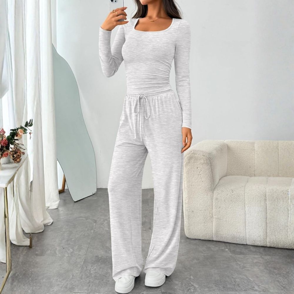 2 Piece Scoop Neck Lounge Set Womens Wide Leg Pants Side Ruching Slightly Crop Top