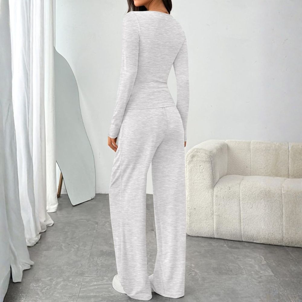 2 Piece Scoop Neck Lounge Set Womens Wide Leg Pants Side Ruching Slightly Crop Top