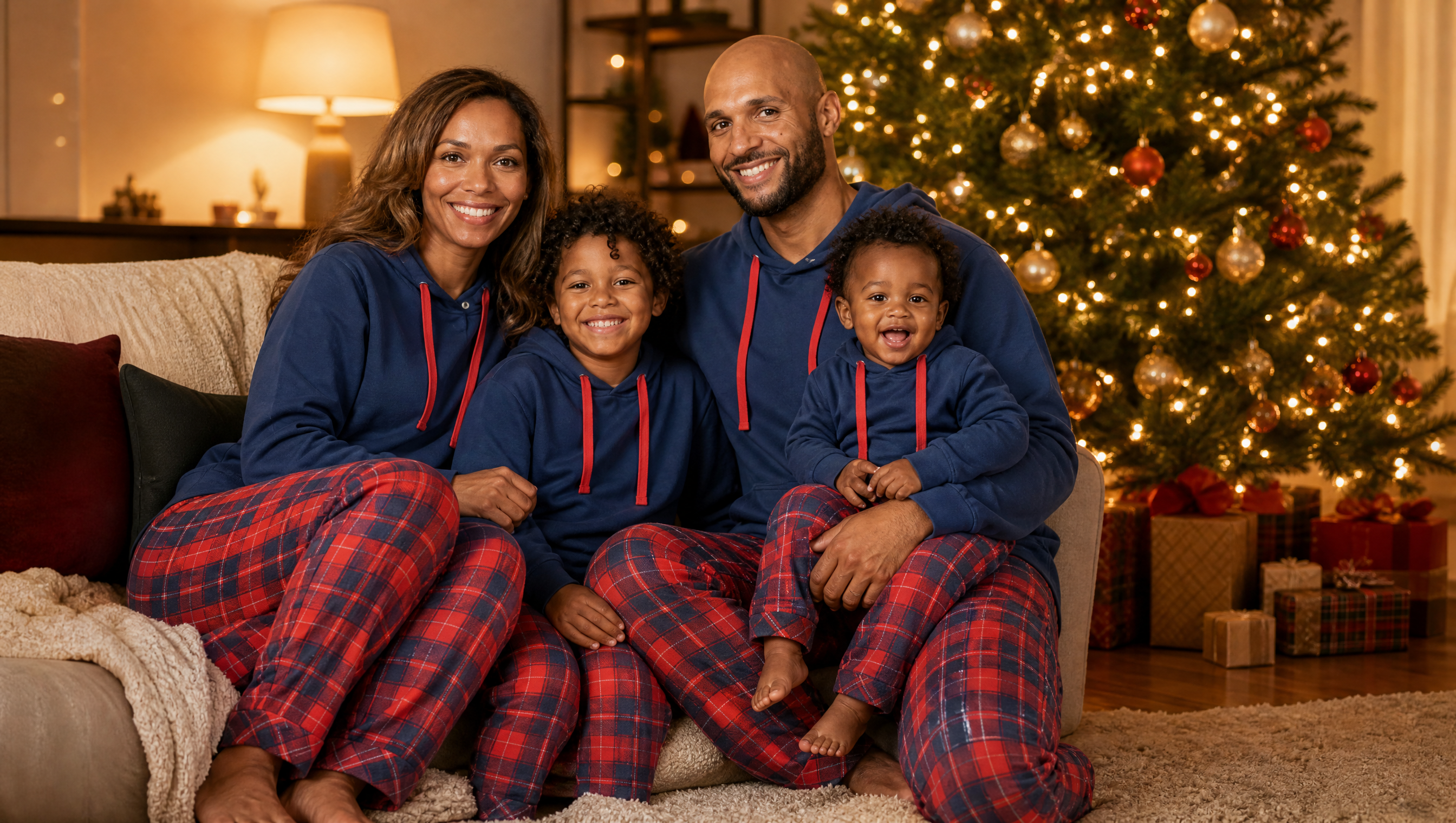 Family of four in matching navy hoodie tops and red plaid pajama pants by a lit Christmas tree