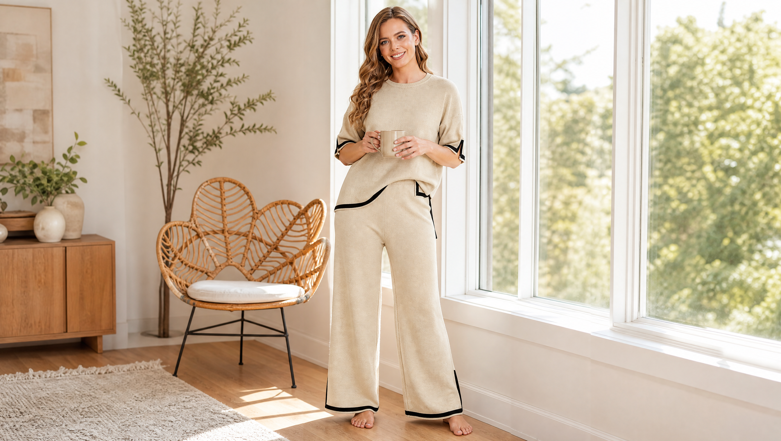 Woman in a beige knit lounge set holding a coffee mug by a window
