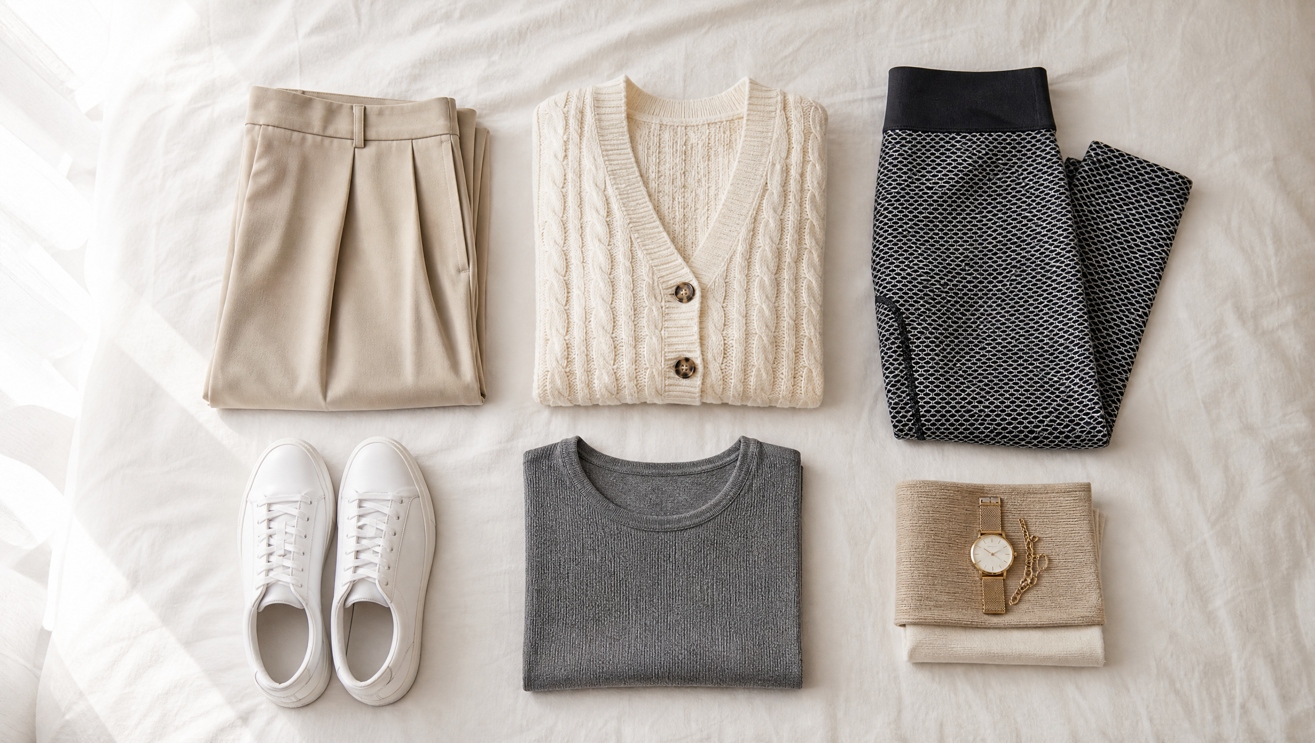 Neatly folded capsule wardrobe flat-lay on a bed in soft neutral tones