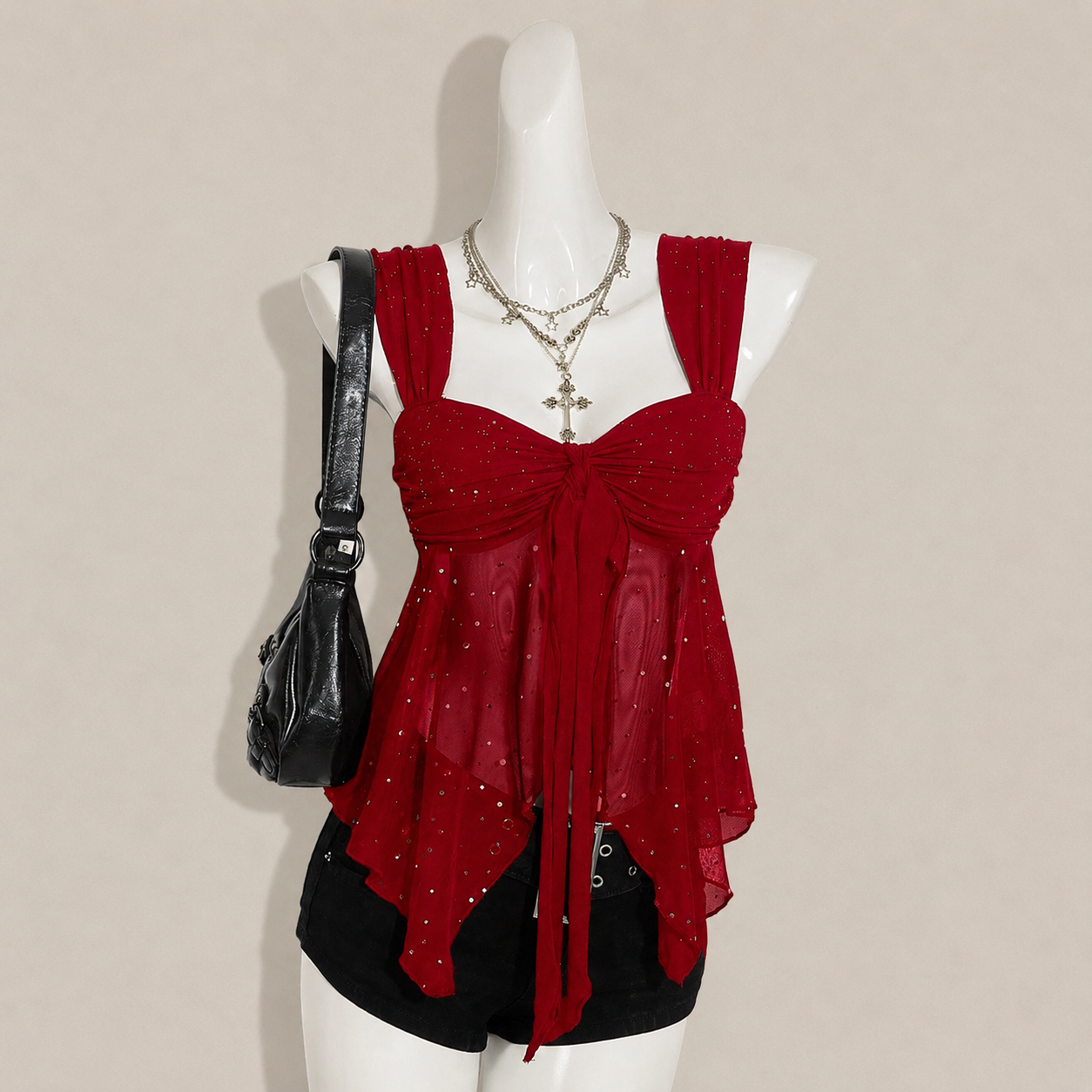 Asymmetrical Semi Sheer Mesh Sleeveless Camisole Top For Women