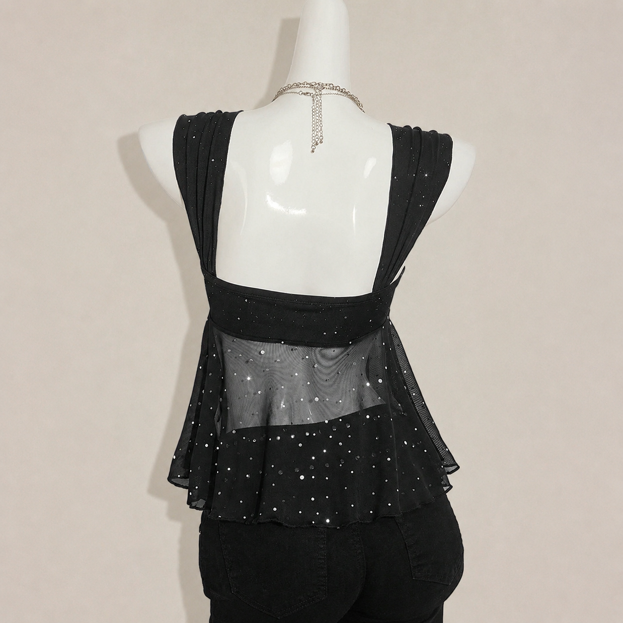 Asymmetrical Semi Sheer Mesh Sleeveless Camisole Top For Women