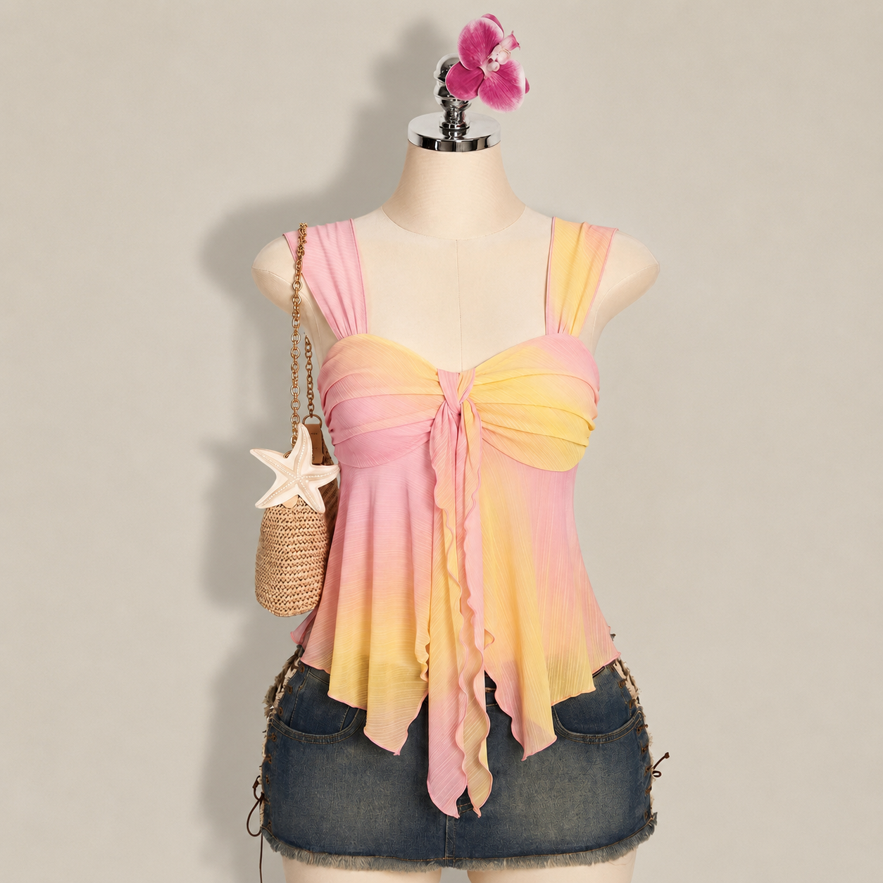 Asymmetrical Semi Sheer Mesh Sleeveless Camisole Top For Women