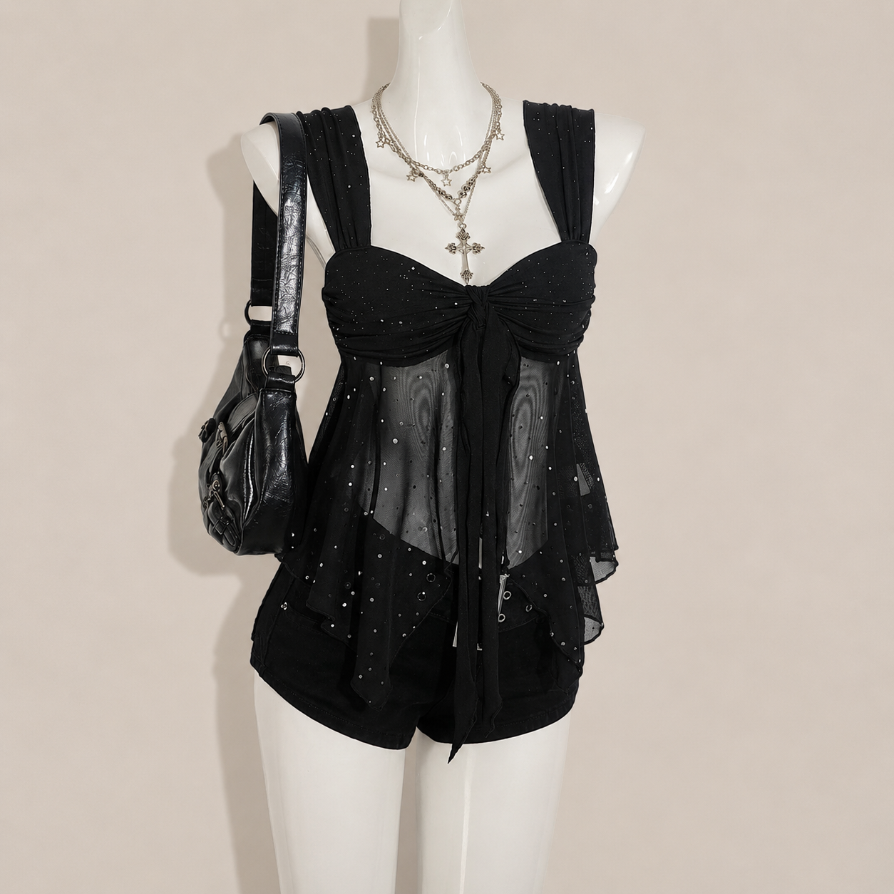 Asymmetrical Semi Sheer Mesh Sleeveless Camisole Top For Women