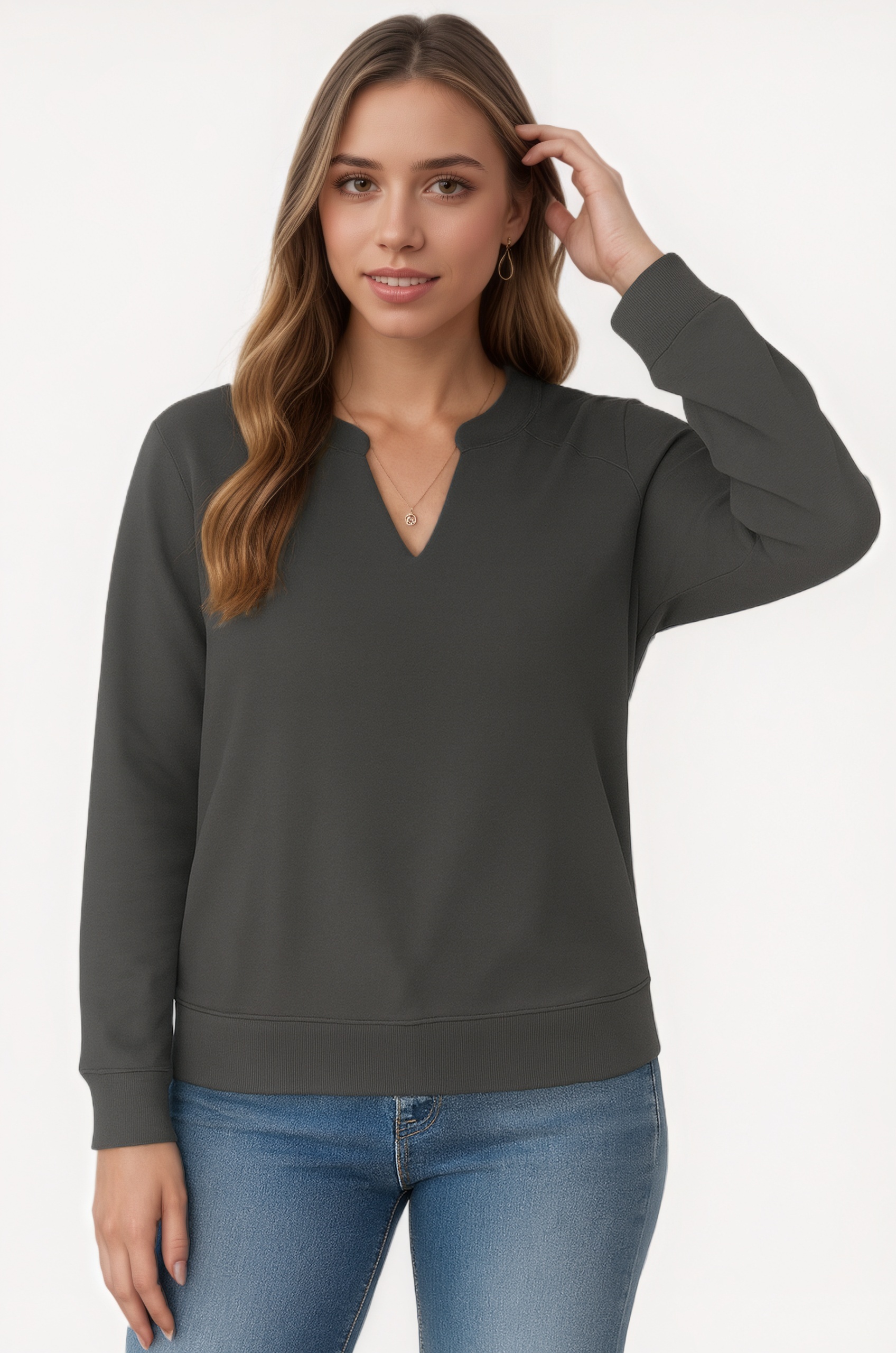 Casual Long Sleeve V Neck Loose Fit Pullover Sweatshirts