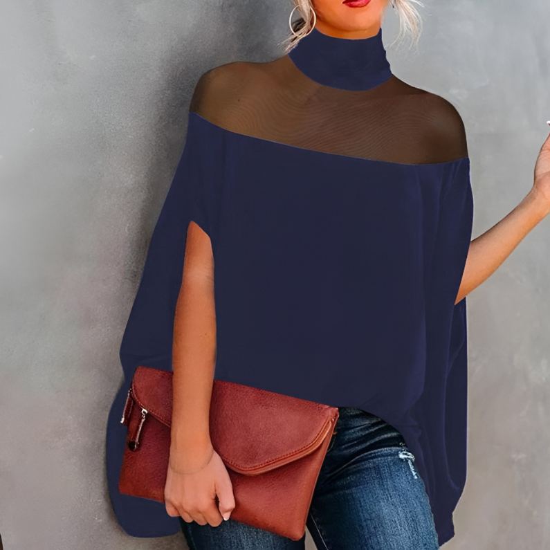 Women's Batwing Sleeves See-Through High-Neck Blouse