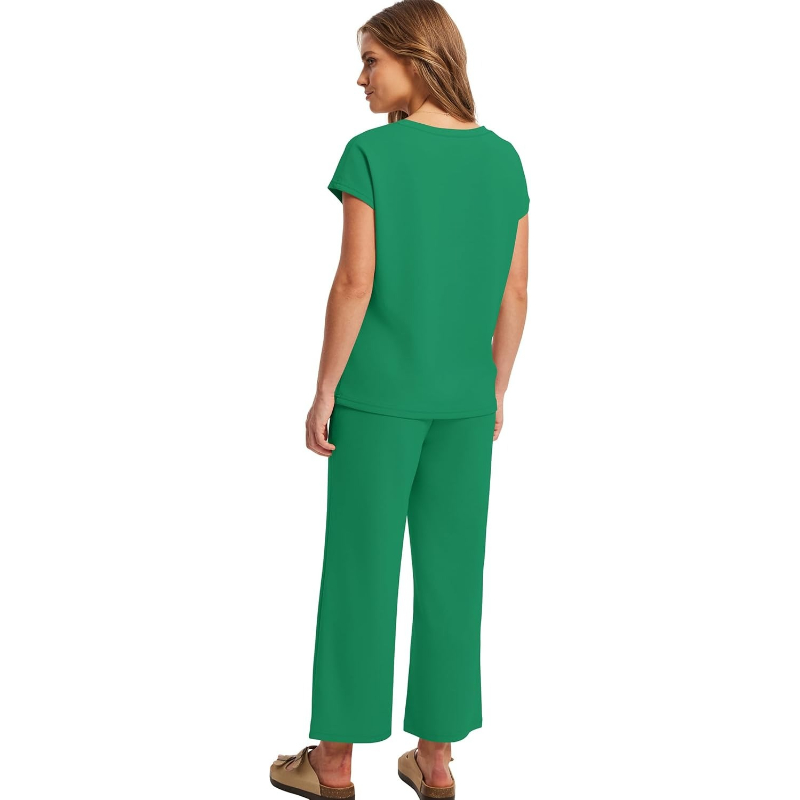 Two Piece Lounge Sets For Women With Summer Short Sleeve Top And Wide Pants