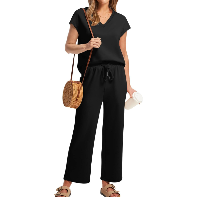 Two Piece Lounge Sets For Women With Summer Short Sleeve Top And Wide Pants