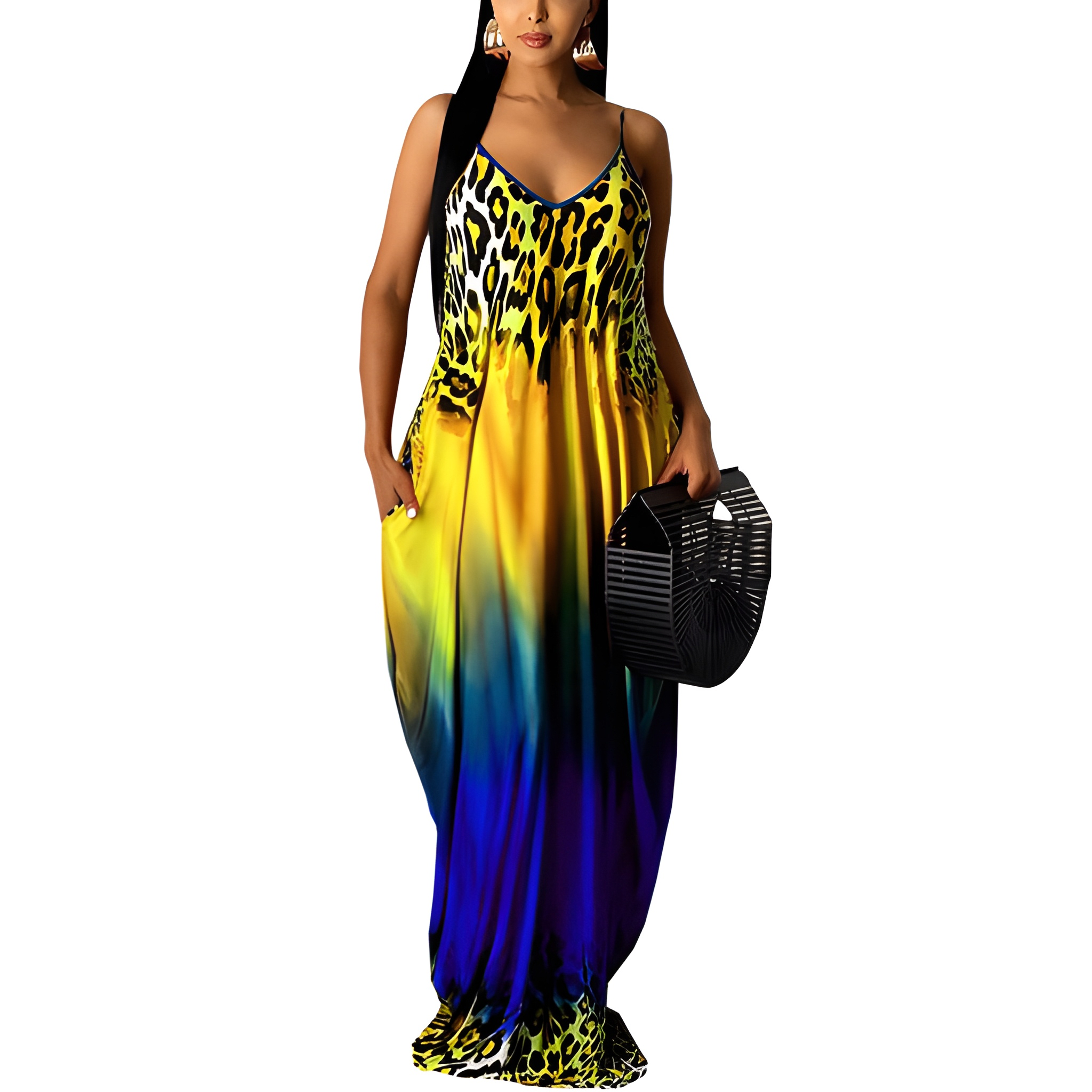 Women's Floral Print Sleeveless Maxi Dress With Pockets