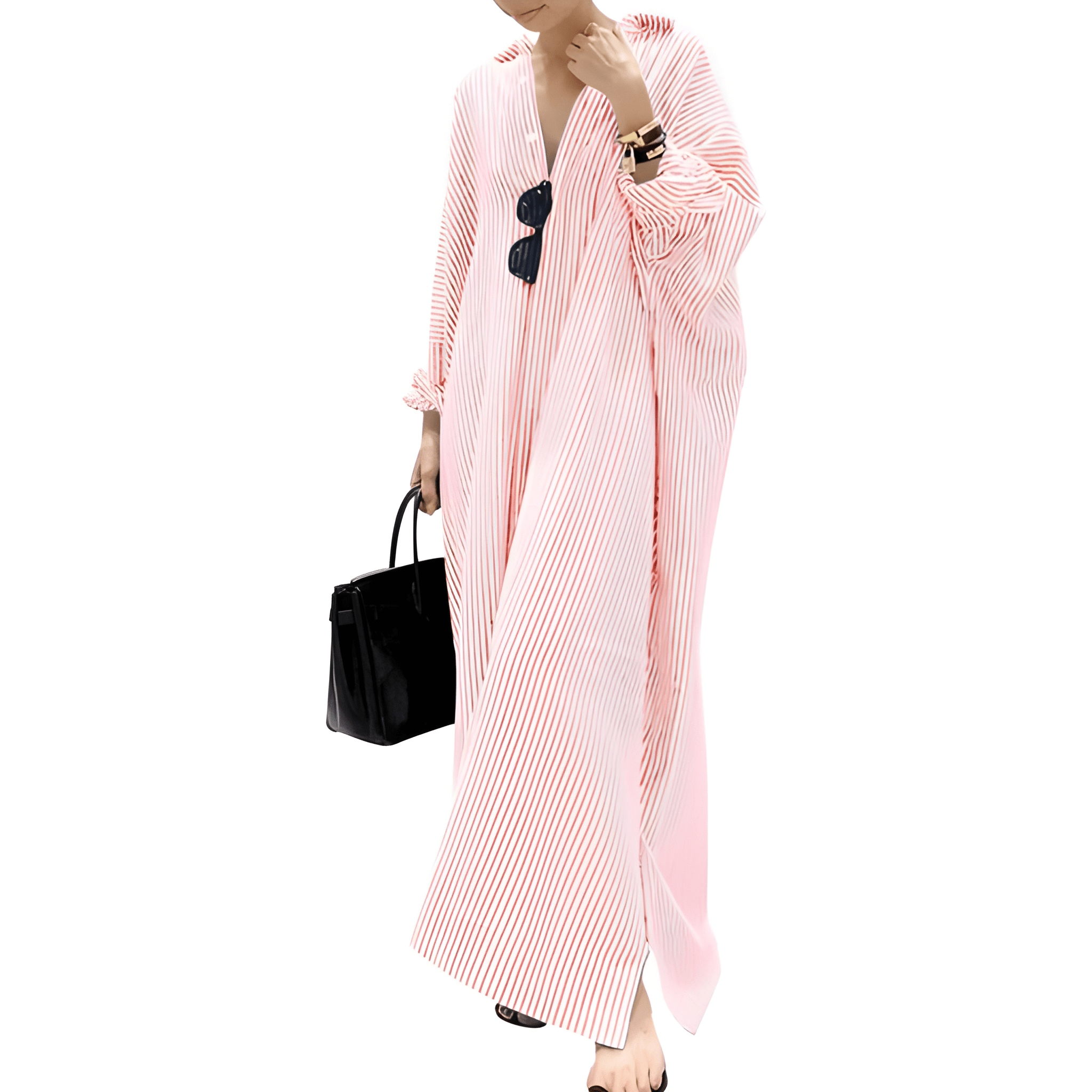 Striped Loose Cotton Maxi Shirt Dress for Women
