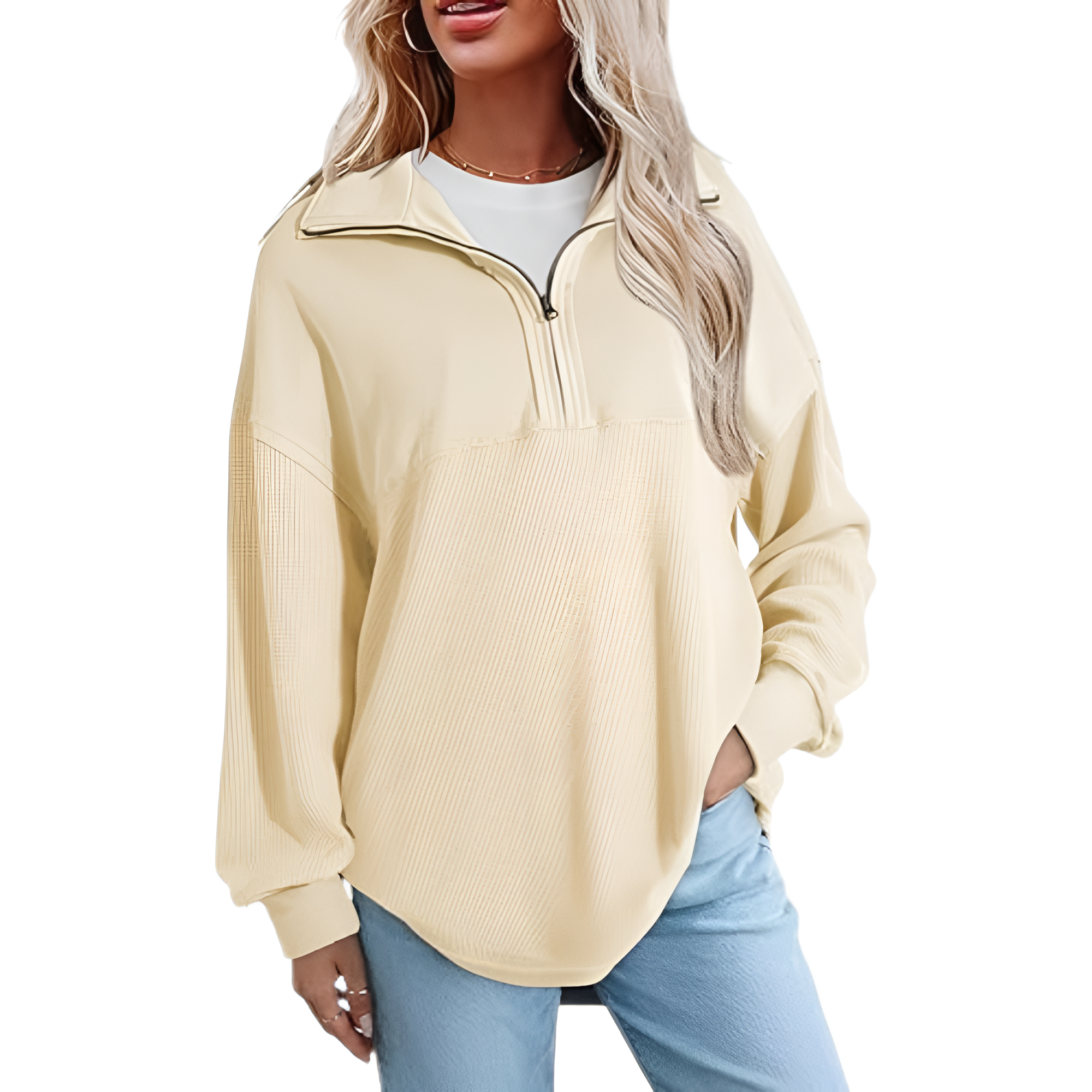 Casual Waffle Knit Half Zip Sweatshirt Pullover With Loose Fit For Women