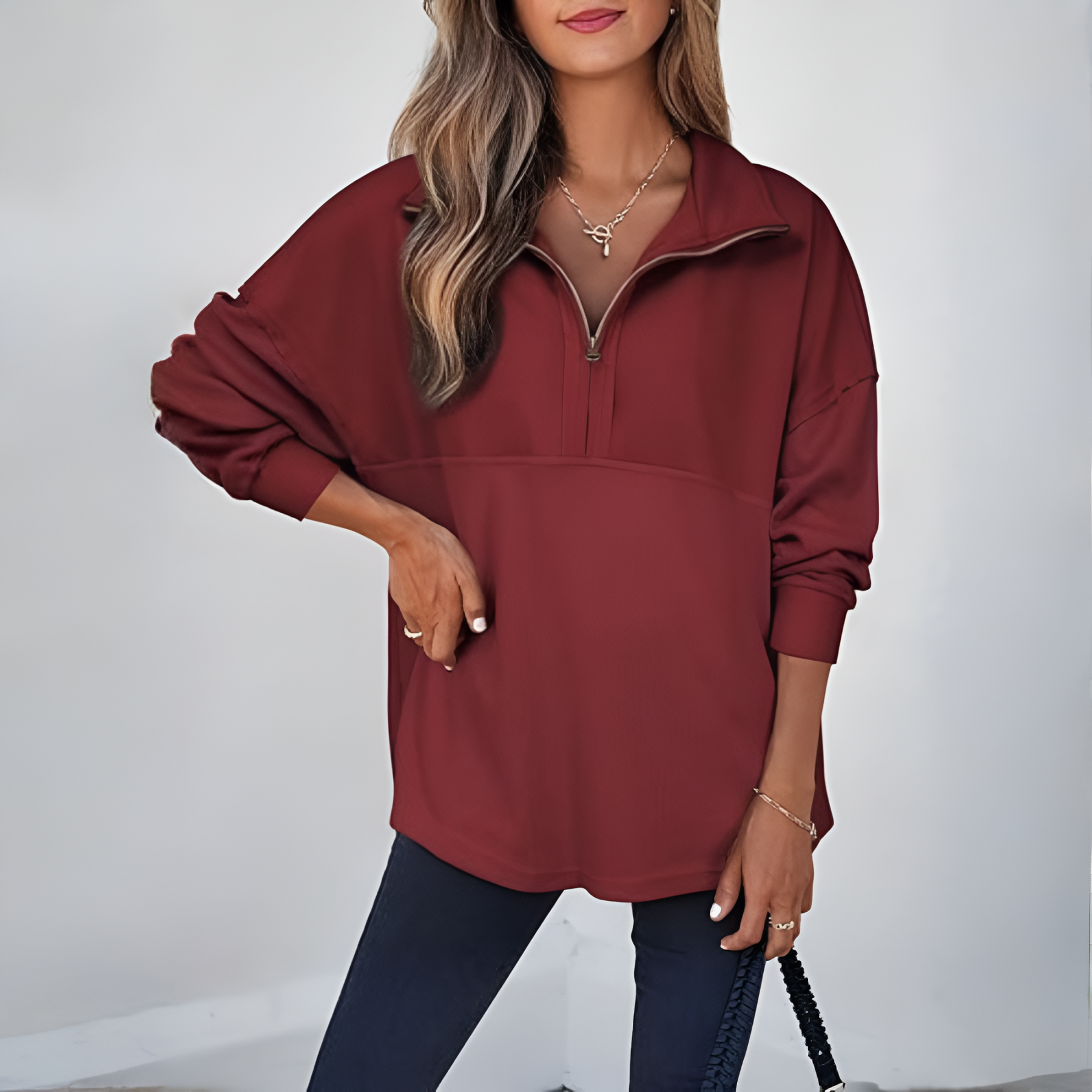 Casual Waffle Knit Half Zip Sweatshirt Pullover With Loose Fit For Women