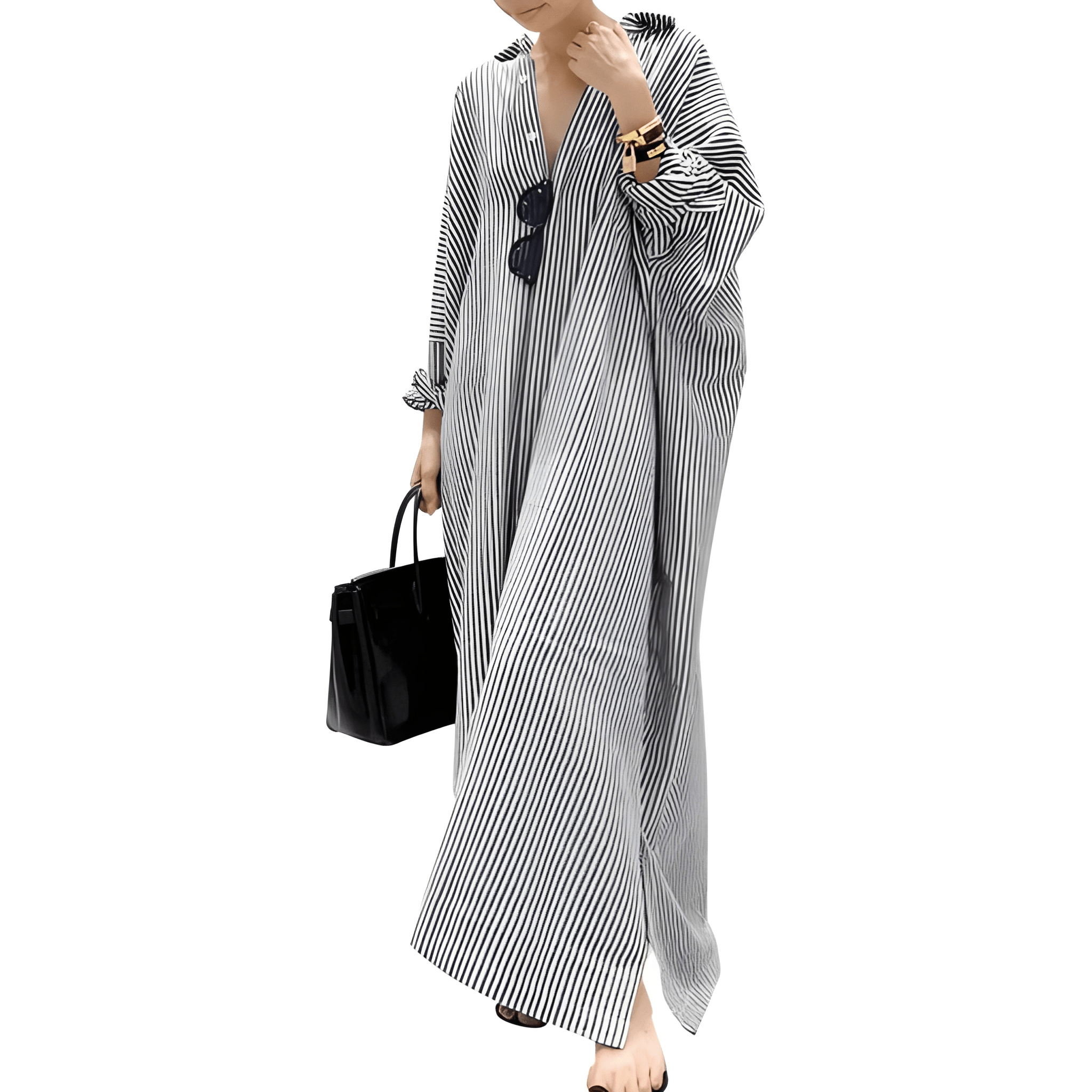 Striped Loose Cotton Maxi Shirt Dress for Women
