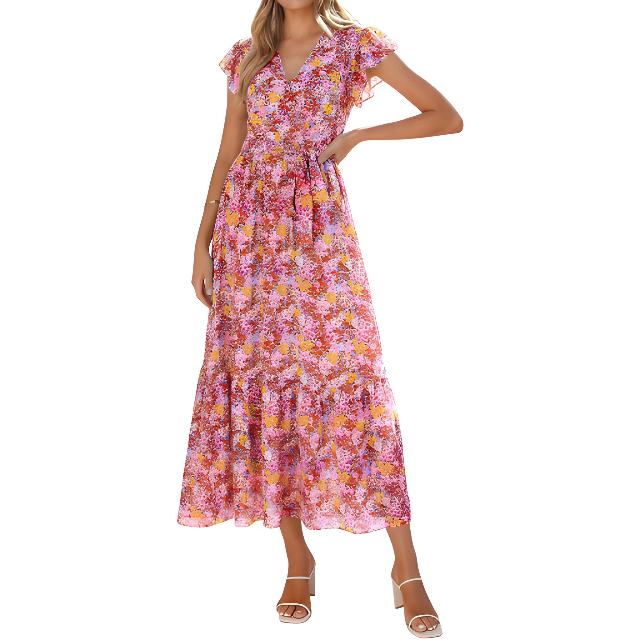 Floral And Boho Wrap Ruffle Maxi Dress V For Women