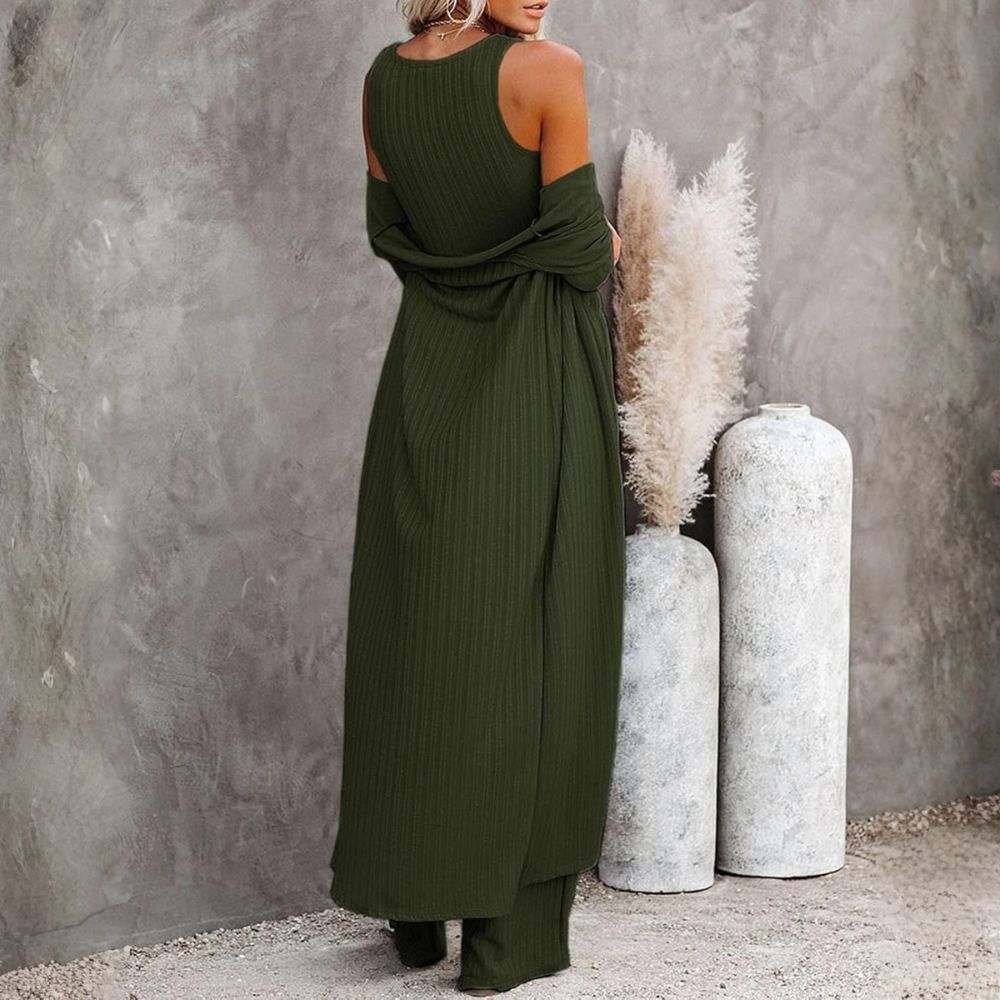 Women's 3 Piece Lounge Sets Pajamas Knit Long Sleeve Cardigan Crop Top Wide Leg Pants