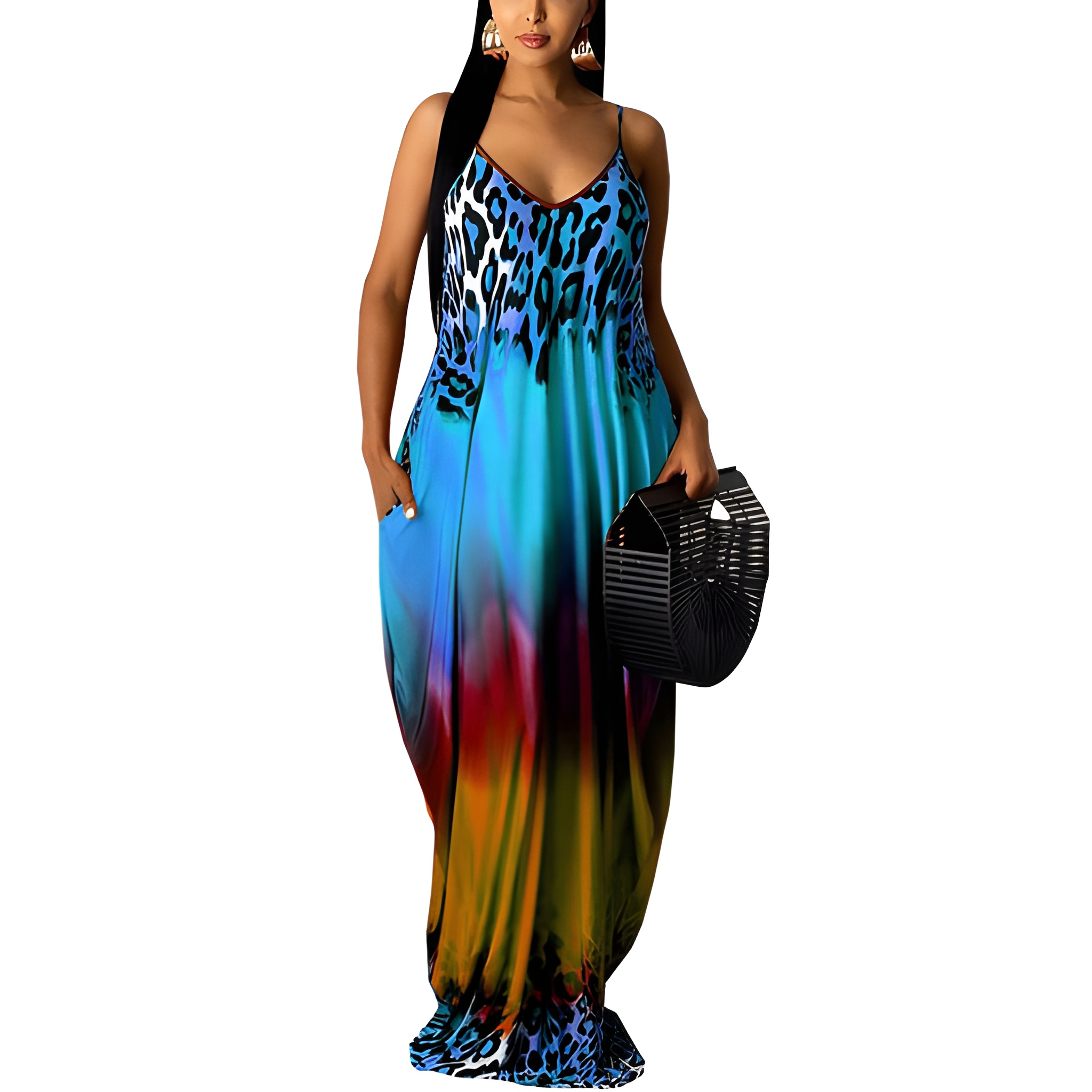 Women's Floral Print Sleeveless Maxi Dress With Pockets