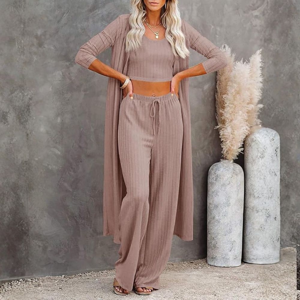 Women's 3 Piece Lounge Sets Pajamas Knit Long Sleeve Cardigan Crop Top Wide Leg Pants