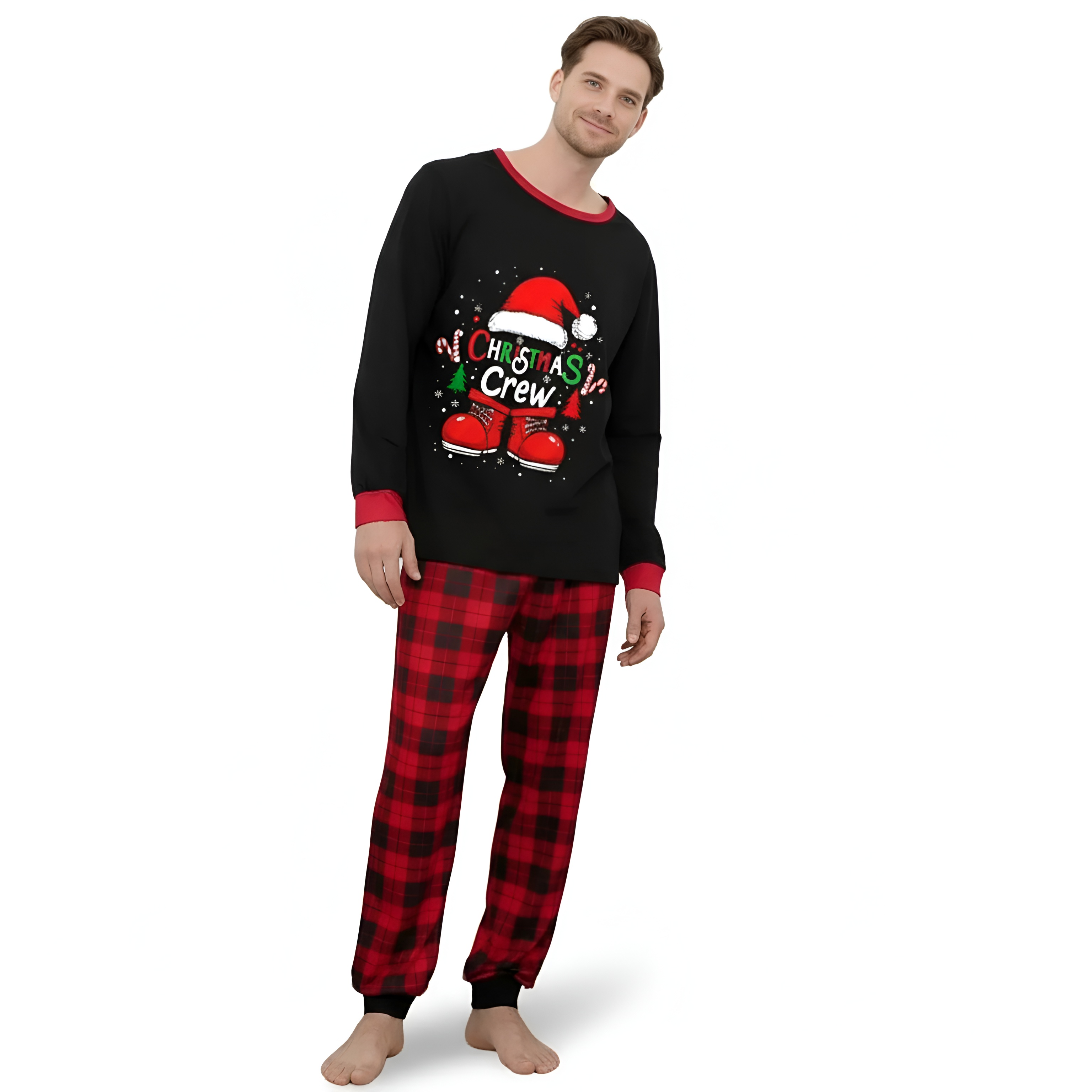 Plaid Santa Hat Christmas Crew Printed Family Matching Pajama Set