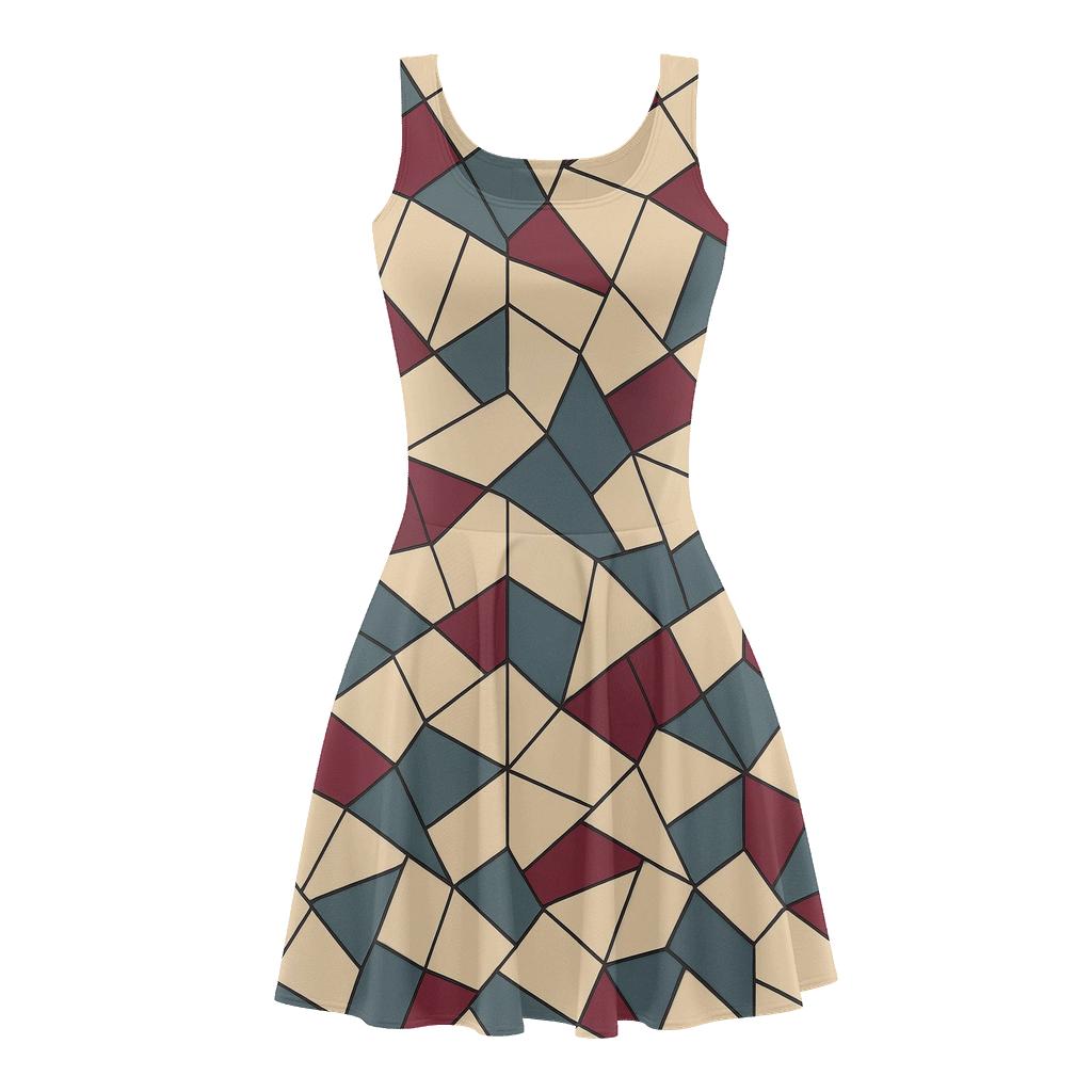 Staggered Tile Shard Mosaic floral print skater dresses