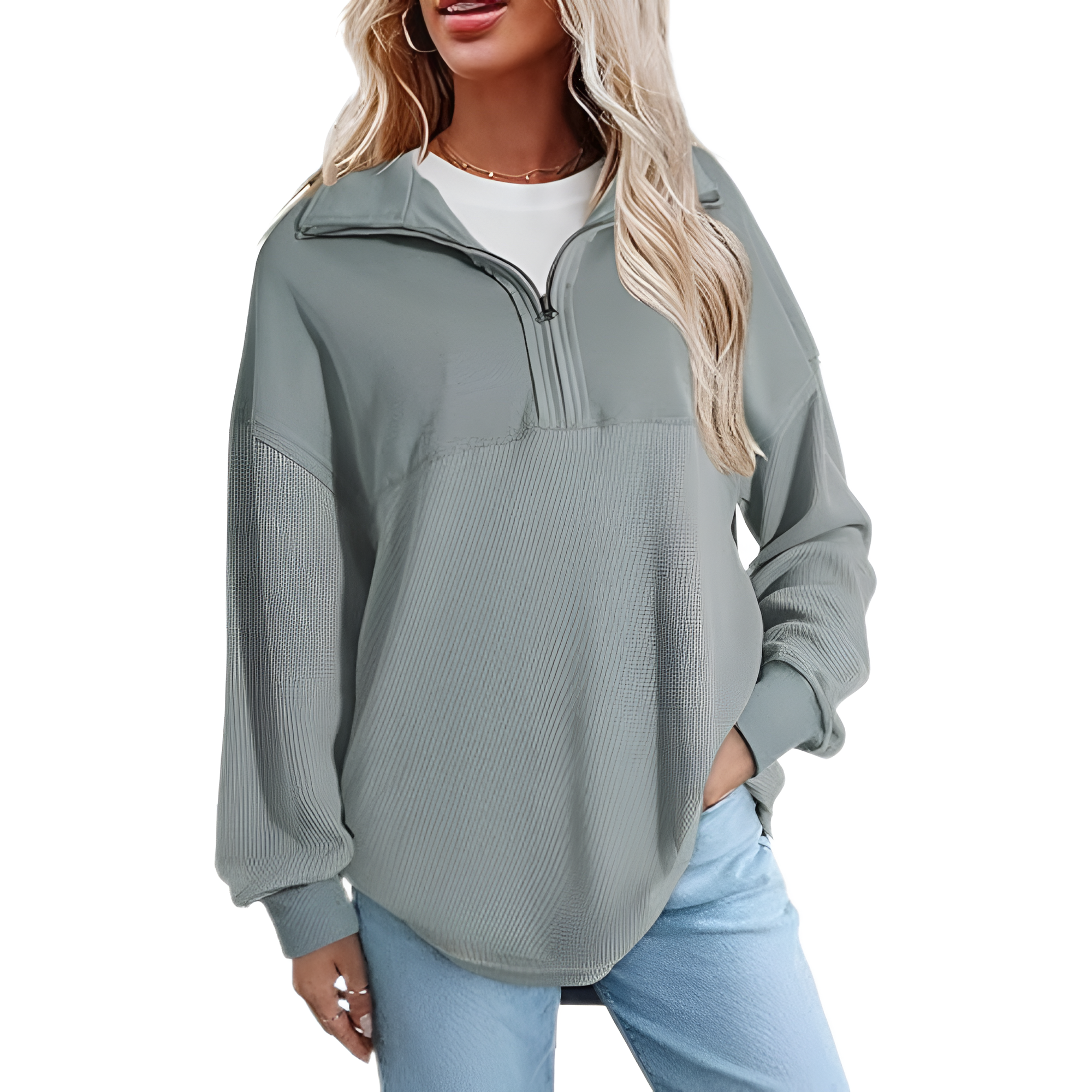 Casual Waffle Knit Half Zip Sweatshirt Pullover With Loose Fit For Women