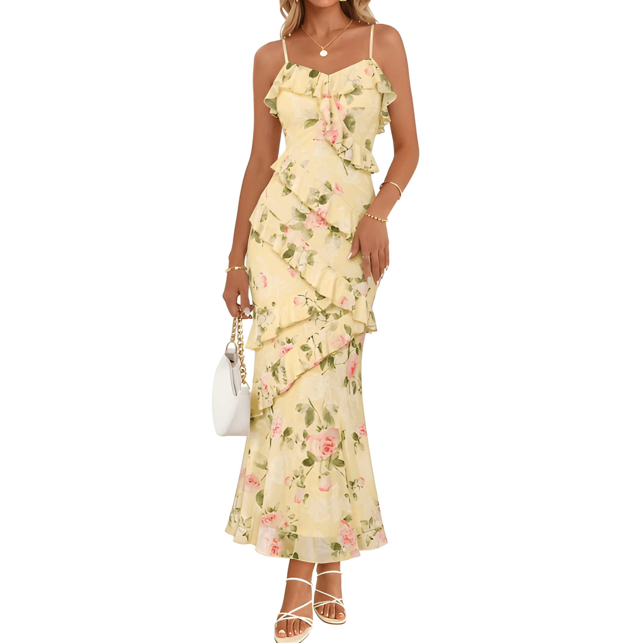 Floral Ruffle Spaghetti Strap Bodycon Maxi Dress Women