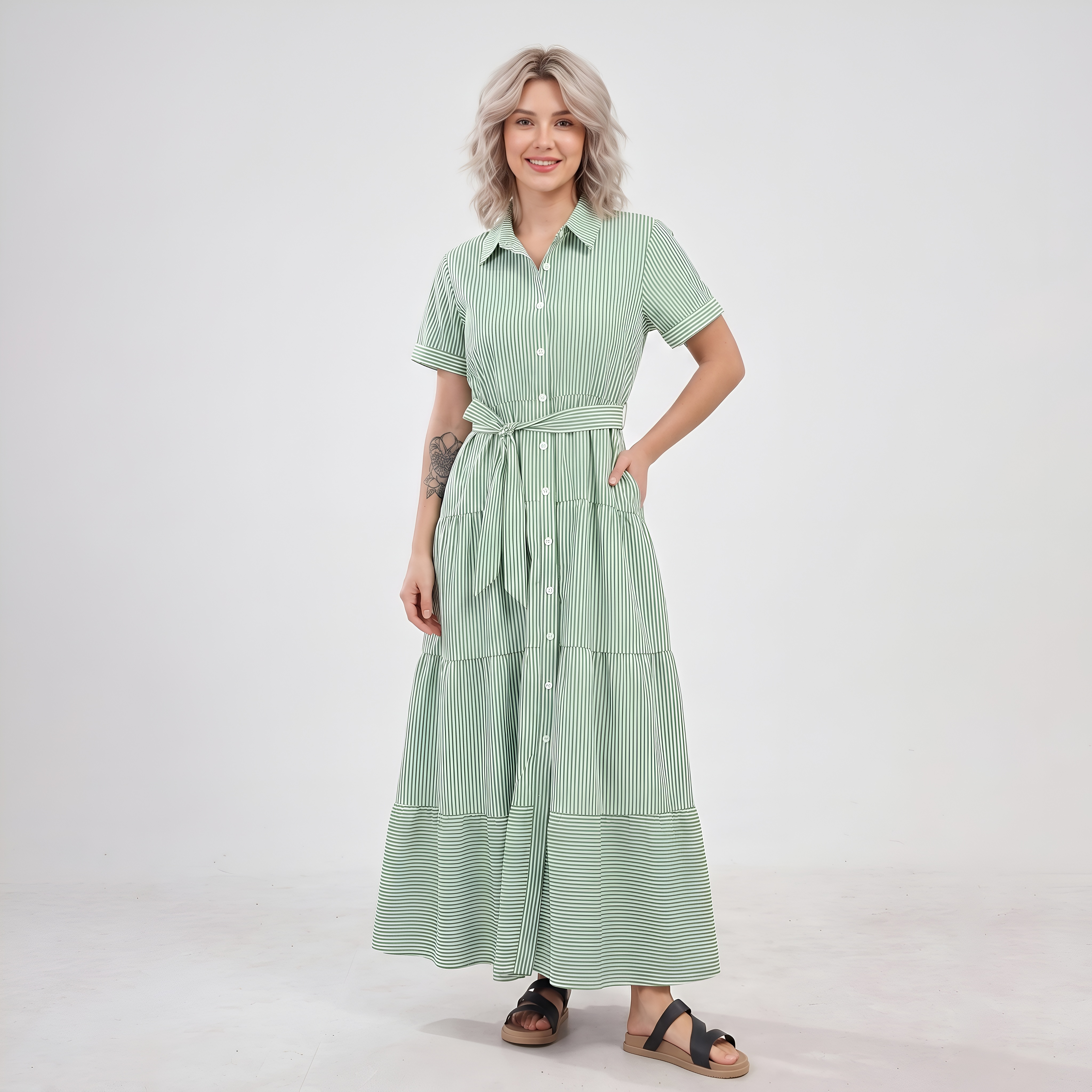 Casual Striped Short Sleeve Ruffled Button Tie Maxi For Women