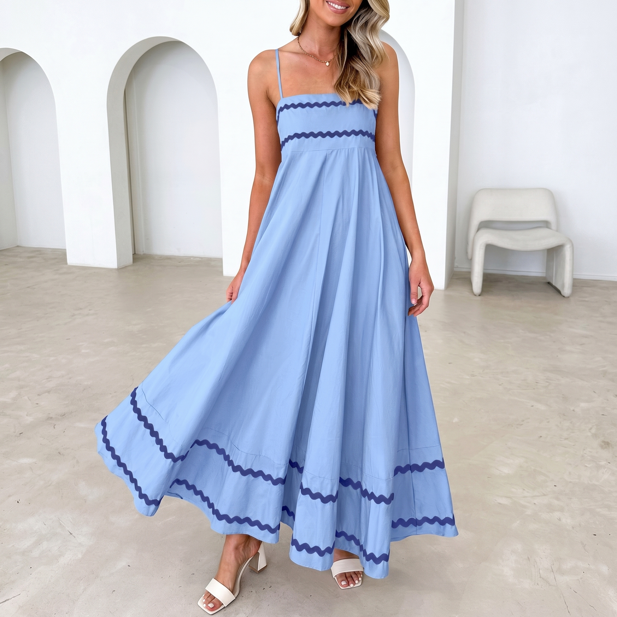 Summer And Casual Sleeveless Ruffle Spaghetti Strap Maxi For Women