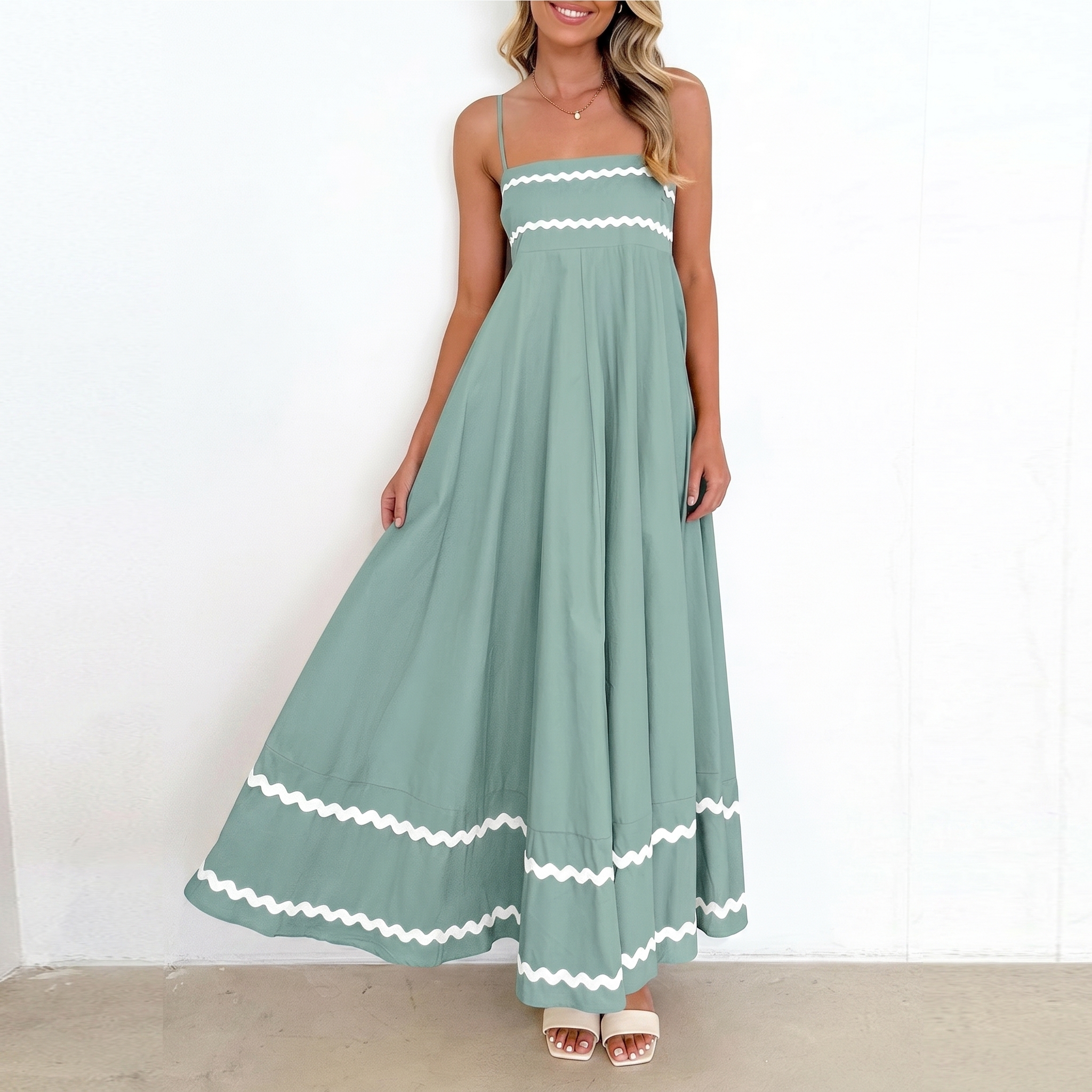 Summer And Casual Sleeveless Ruffle Spaghetti Strap Maxi For Women