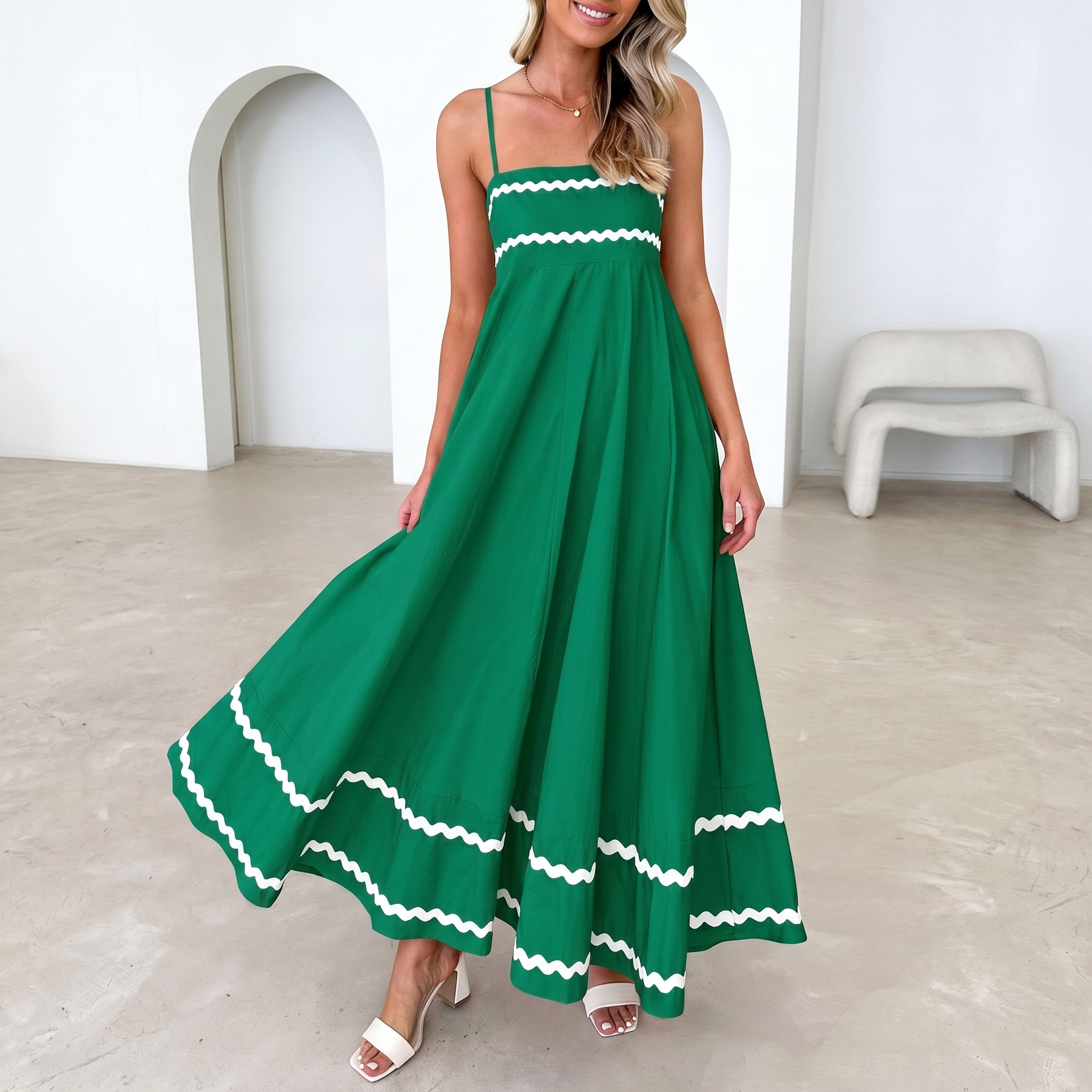 Summer And Casual Sleeveless Ruffle Spaghetti Strap Maxi For Women