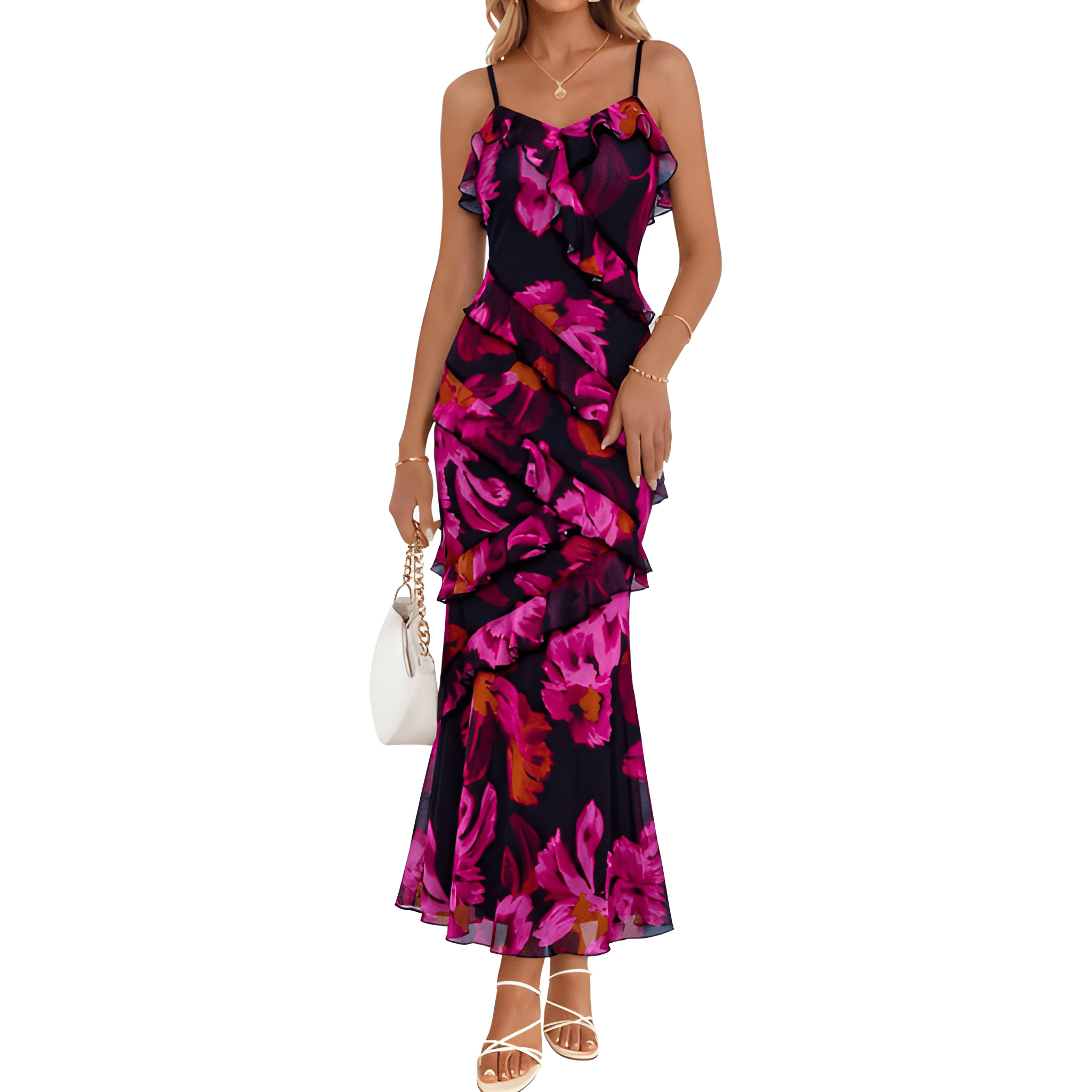 Floral Ruffle Spaghetti Strap Bodycon Maxi Dress Women