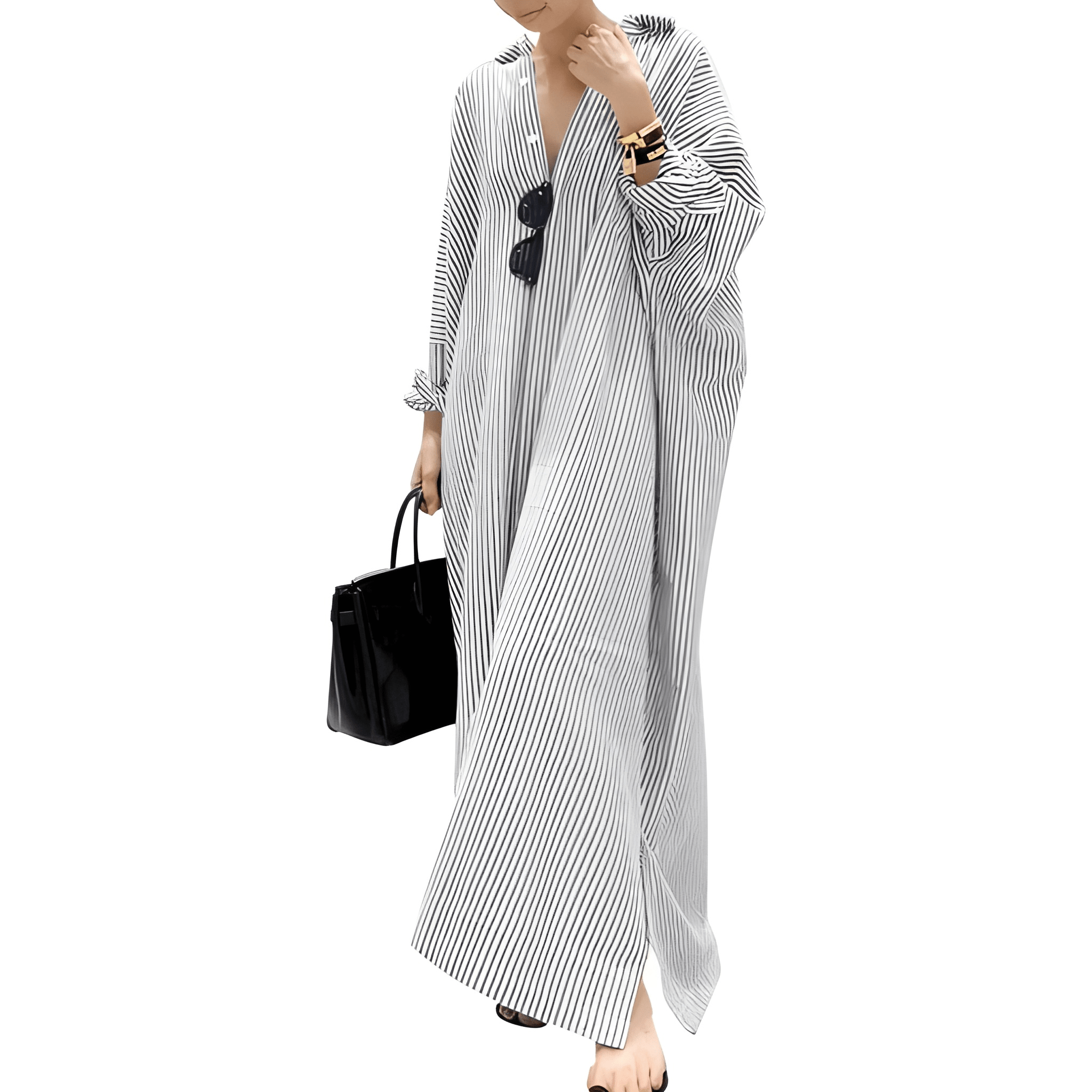 Striped Loose Cotton Maxi Shirt Dress for Women