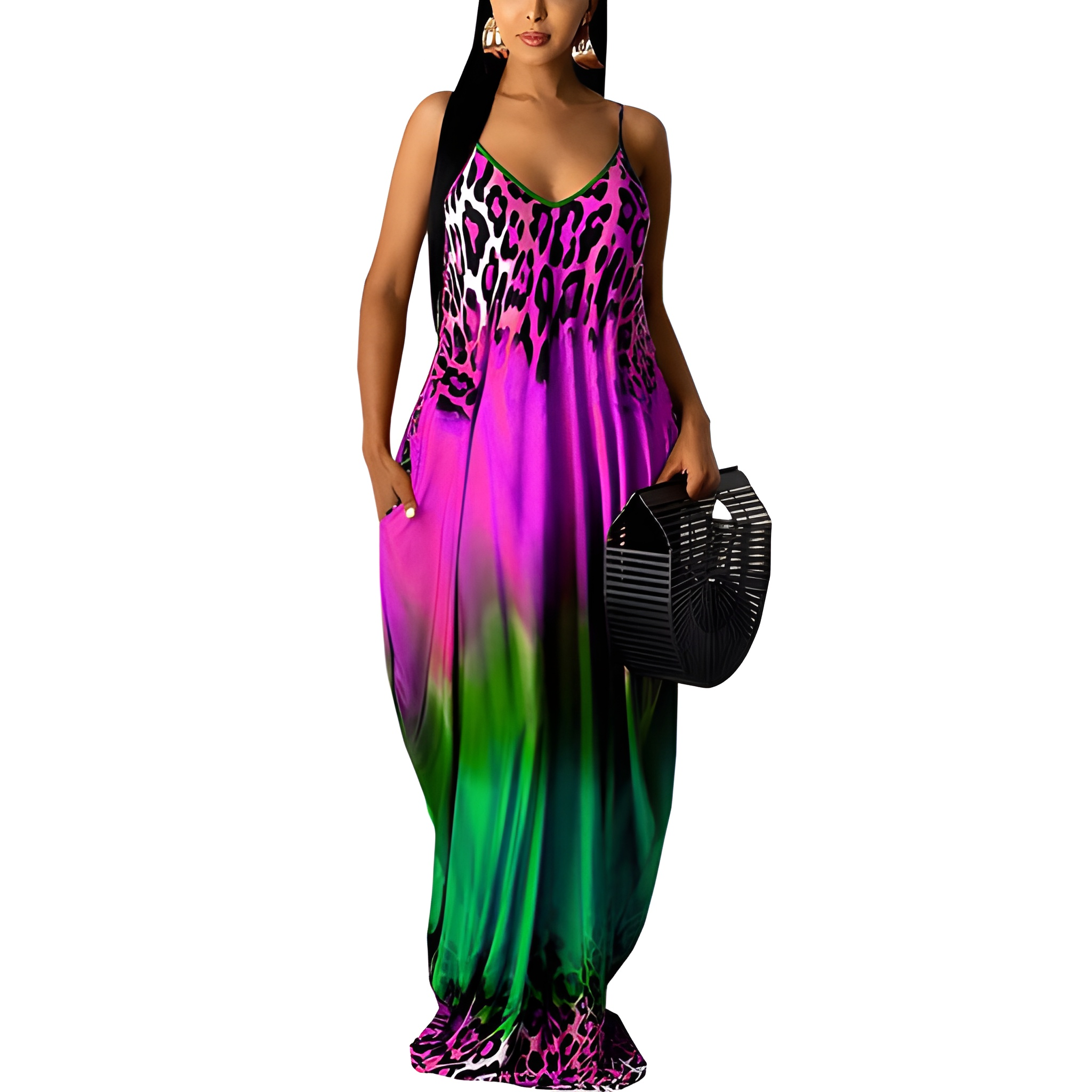 Women's Floral Print Sleeveless Maxi Dress With Pockets