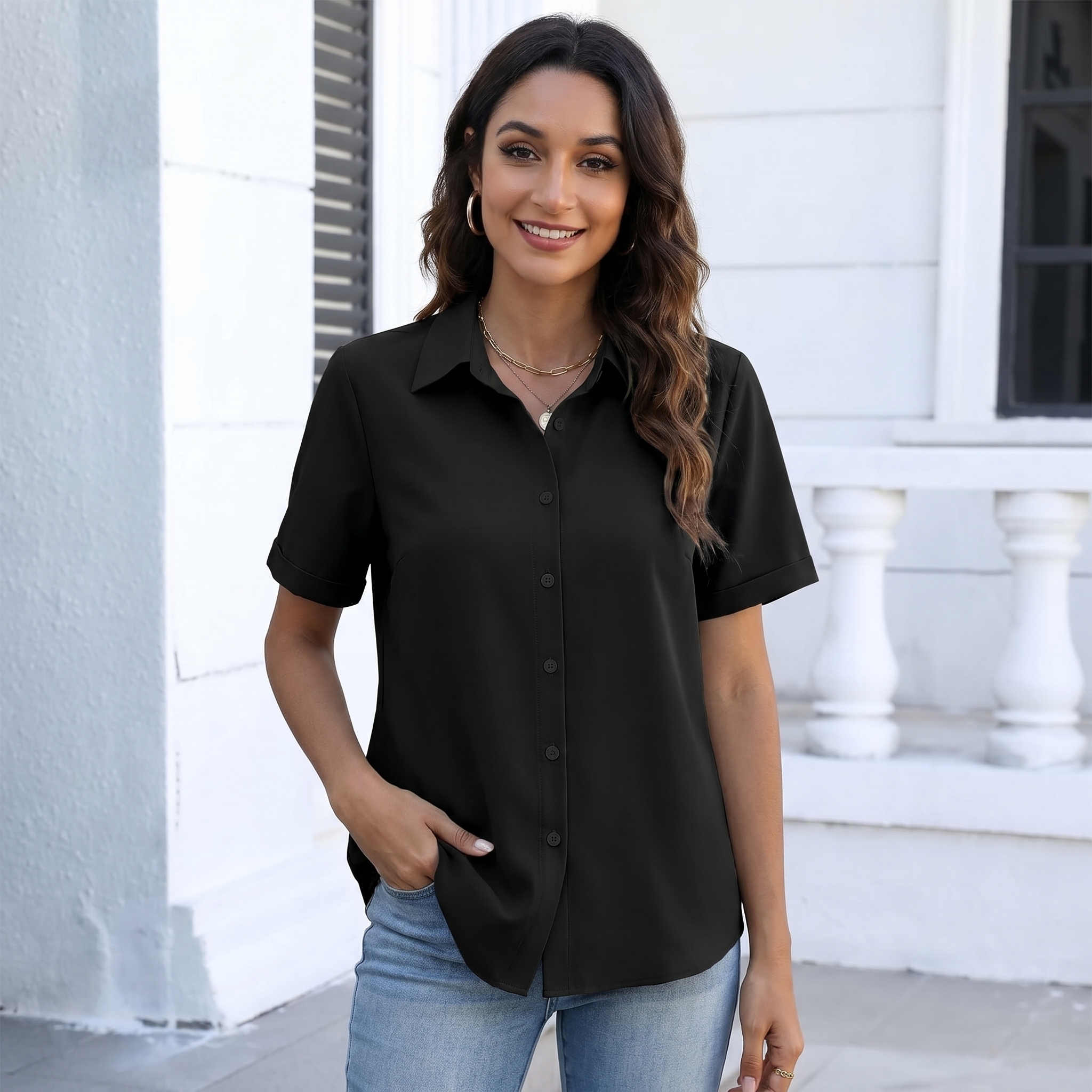 Button Down Shirts for Women Short Sleeve Collared Tops Dressy Casual Blouses