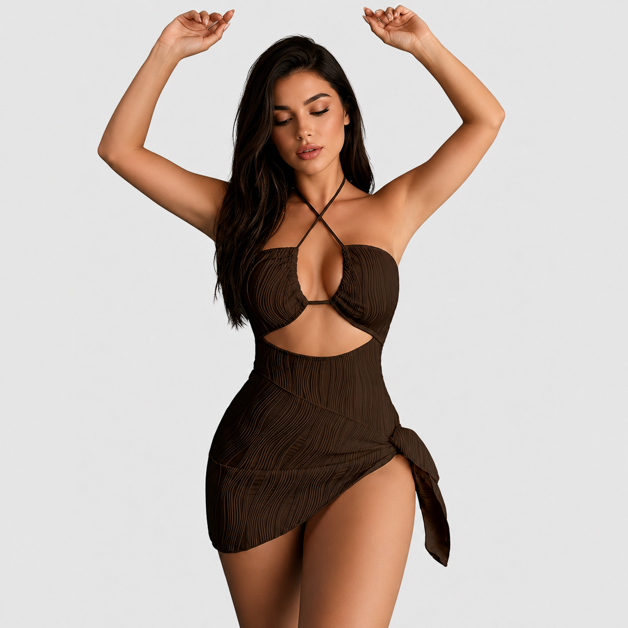 Textured Cutout Halter 2 Piece Swimsuit With Cover Up Set For Women