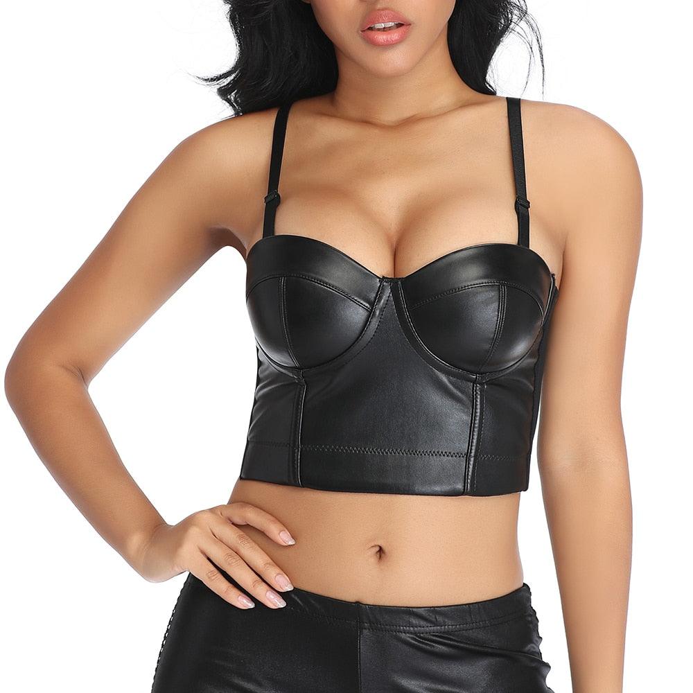 Women's Corset Black PU Leather Crop Top-Secret Slim Wear