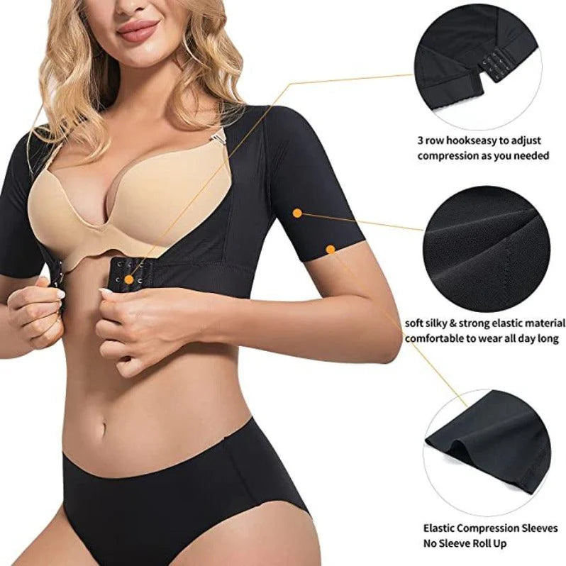 Front view of adjustable compression shapewear with labeled details including hook closure, elastic sleeves, and soft material.