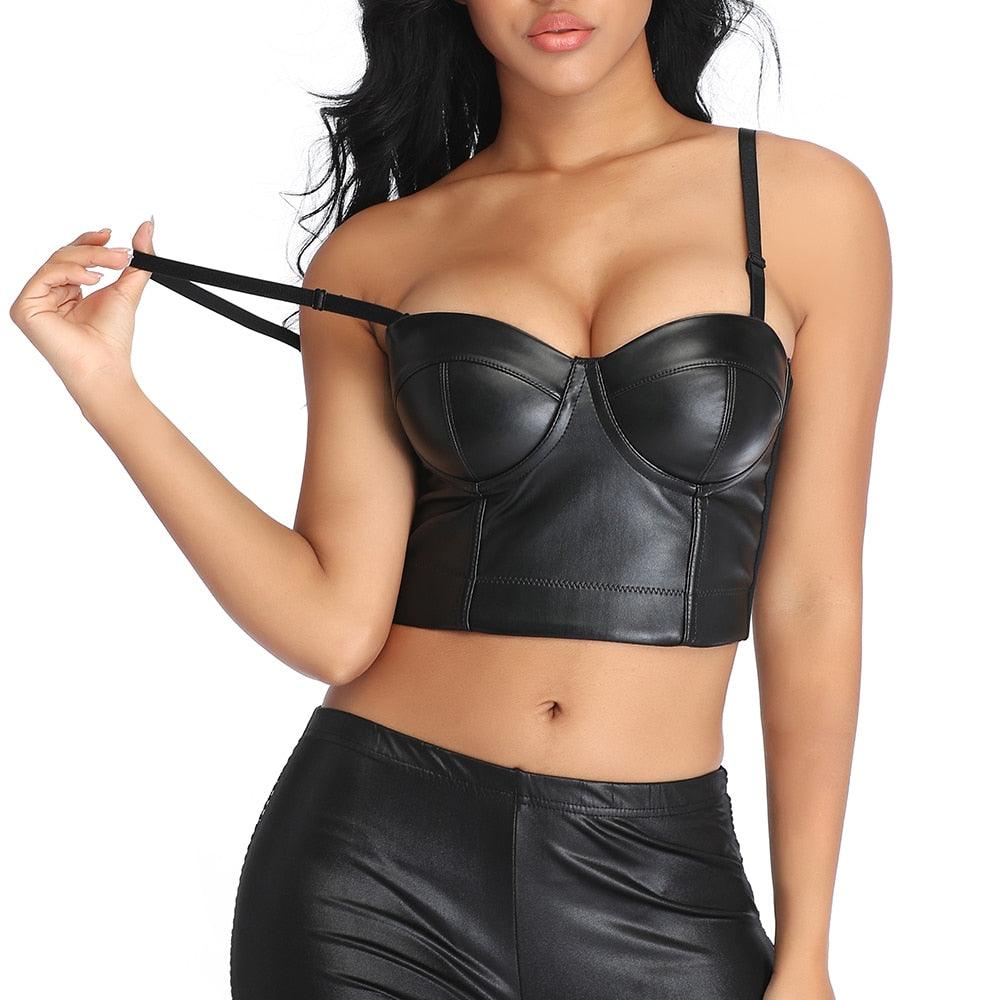 Women's Corset Black PU Leather Crop Top-Secret Slim Wear