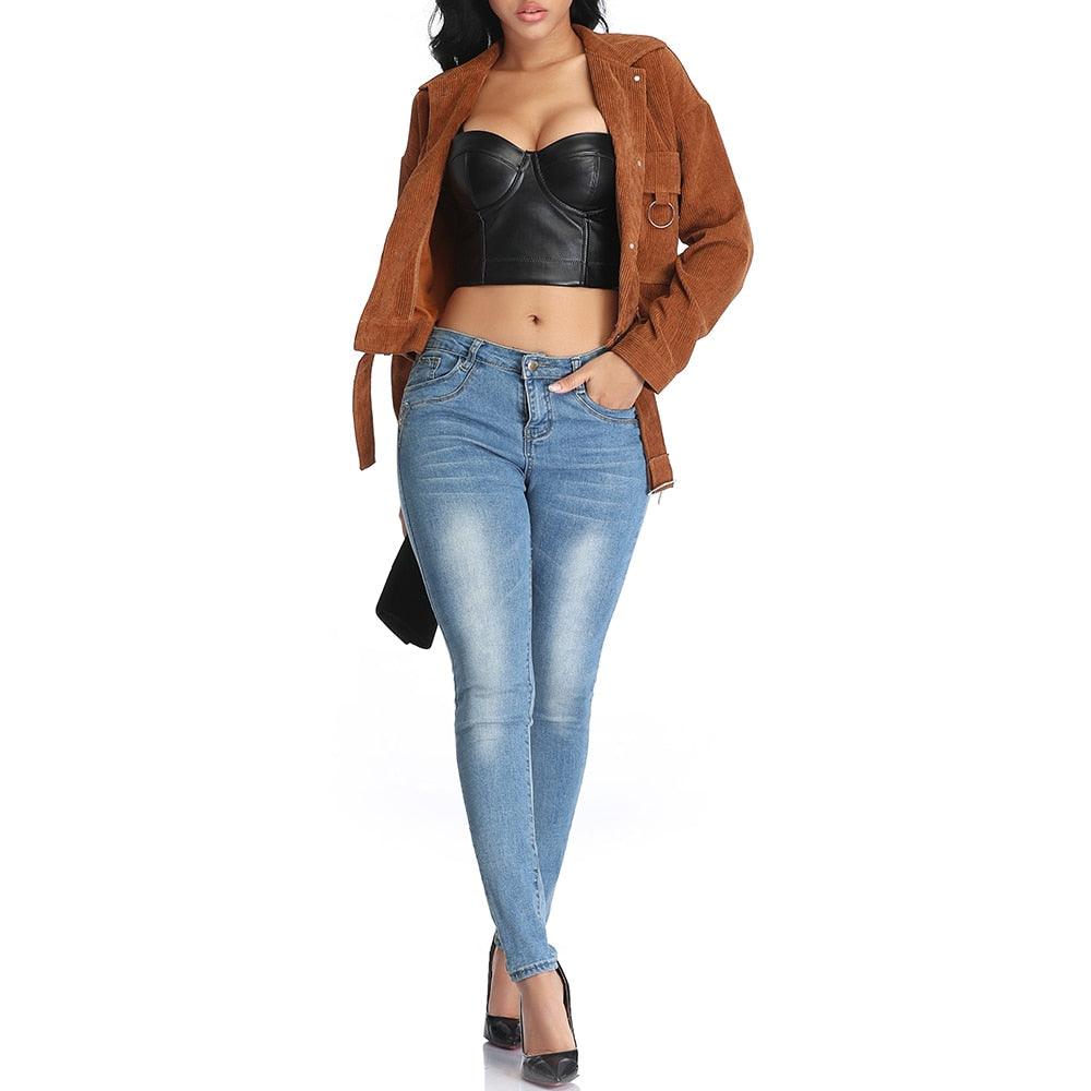 Women's Corset Black PU Leather Crop Top-Secret Slim Wear