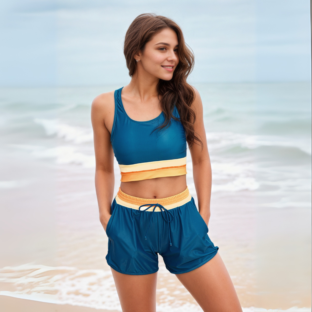 Colorblock Zipper Back Sporty Bikini Top With Short Set-Secret Slim Wear