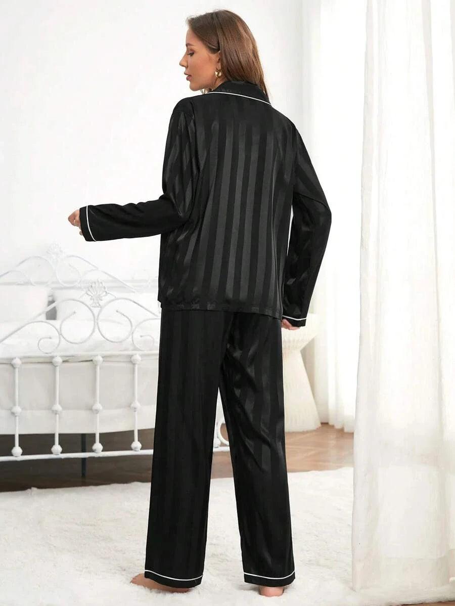 Contrast Stripe Satin Pajamas – Elegant Button Front Sleepwear-Secret Slim Wear