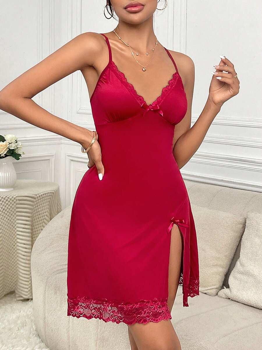 Lace Trim Sleepwear Dress – Elegant and Comfortable Lounge Dress-Secret Slim Wear
