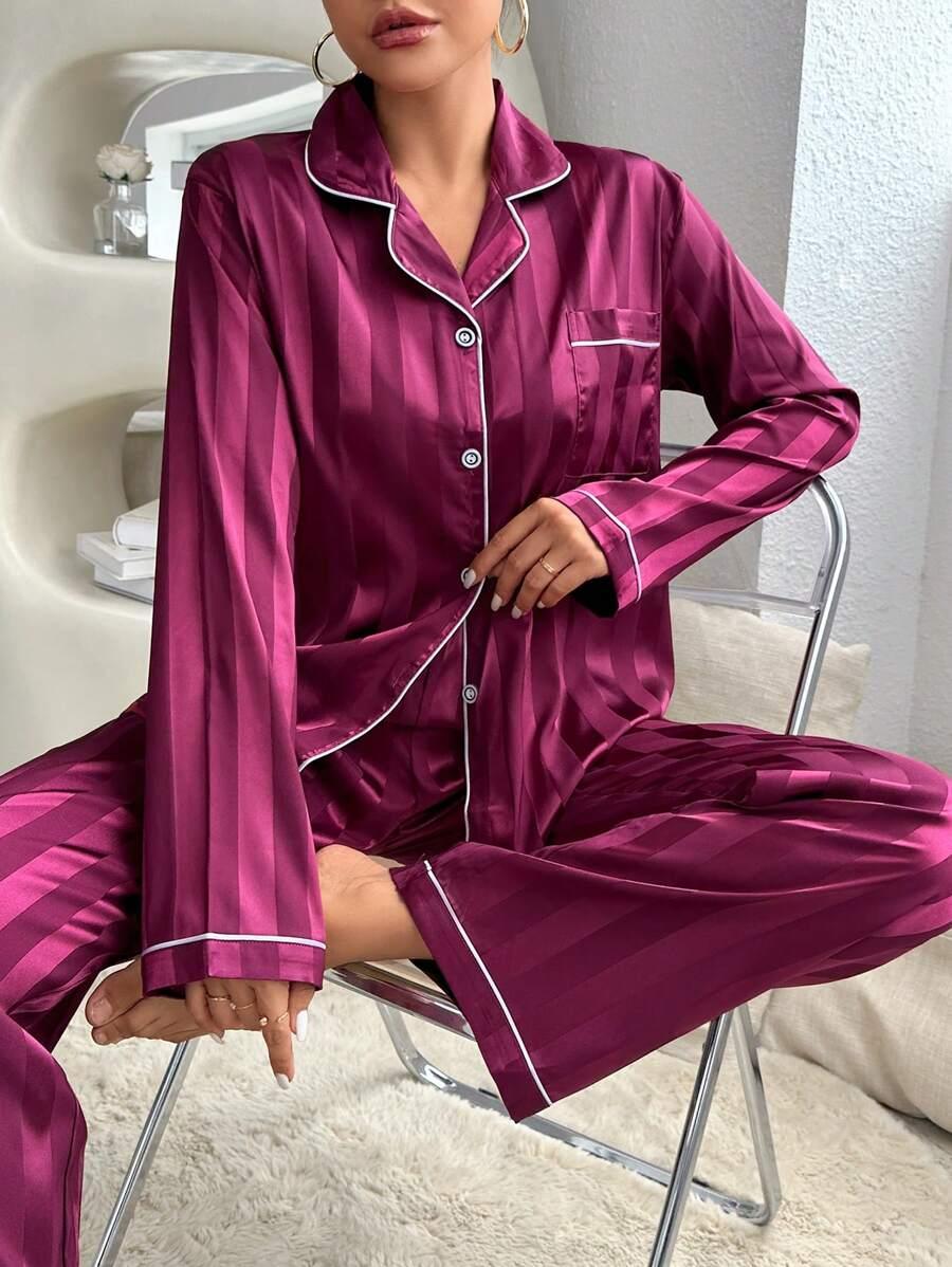 Contrast Stripe Satin Pajamas – Elegant Button Front Sleepwear-Secret Slim Wear
