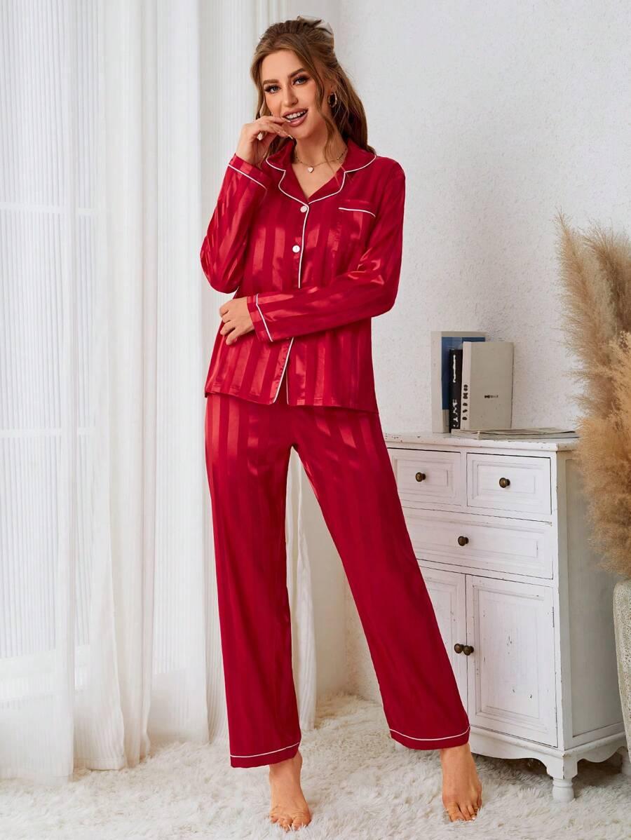 Contrast Stripe Satin Pajamas – Elegant Button Front Sleepwear-Secret Slim Wear